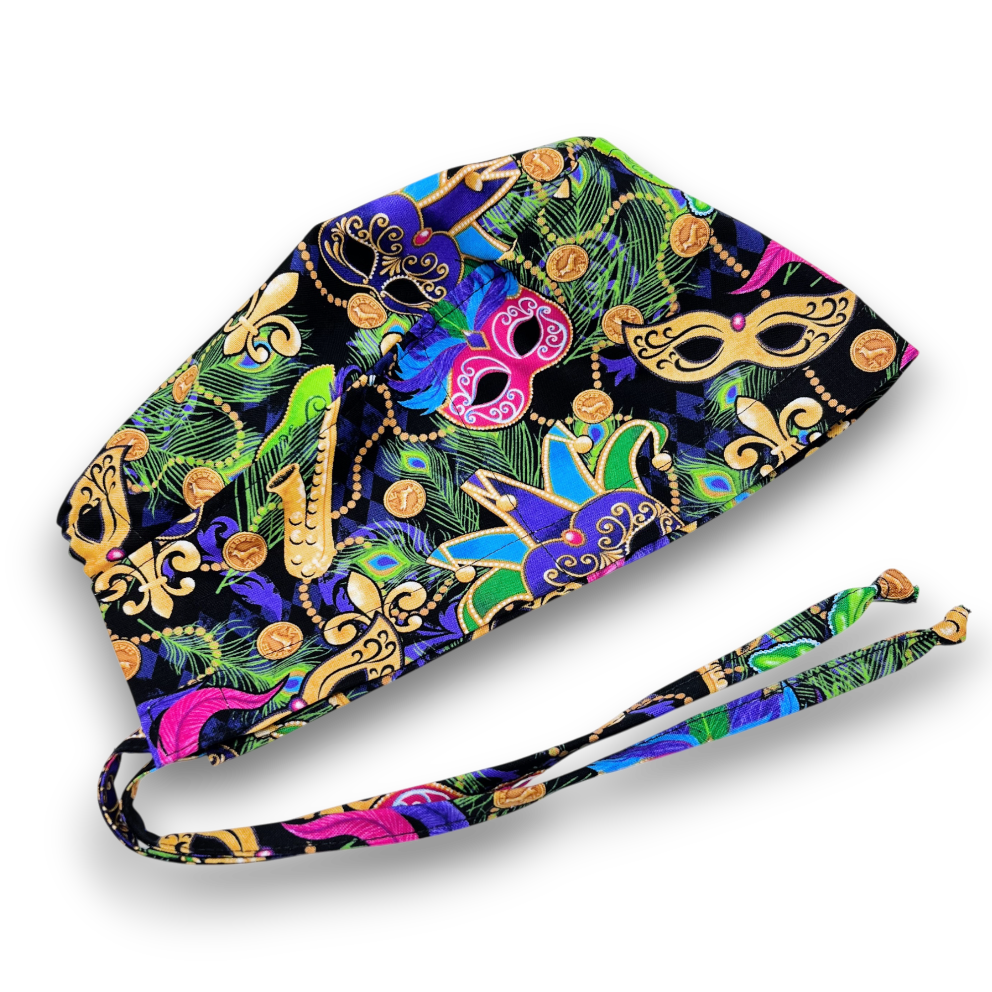 Mardi Gras Skull tie-back style surgical scrub cap for men by Paradise Caps.