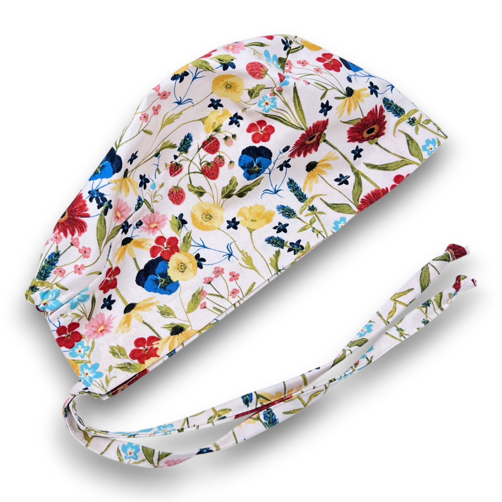 Red flower Skull tie-back style surgical scrub cap for men by Paradise Caps.