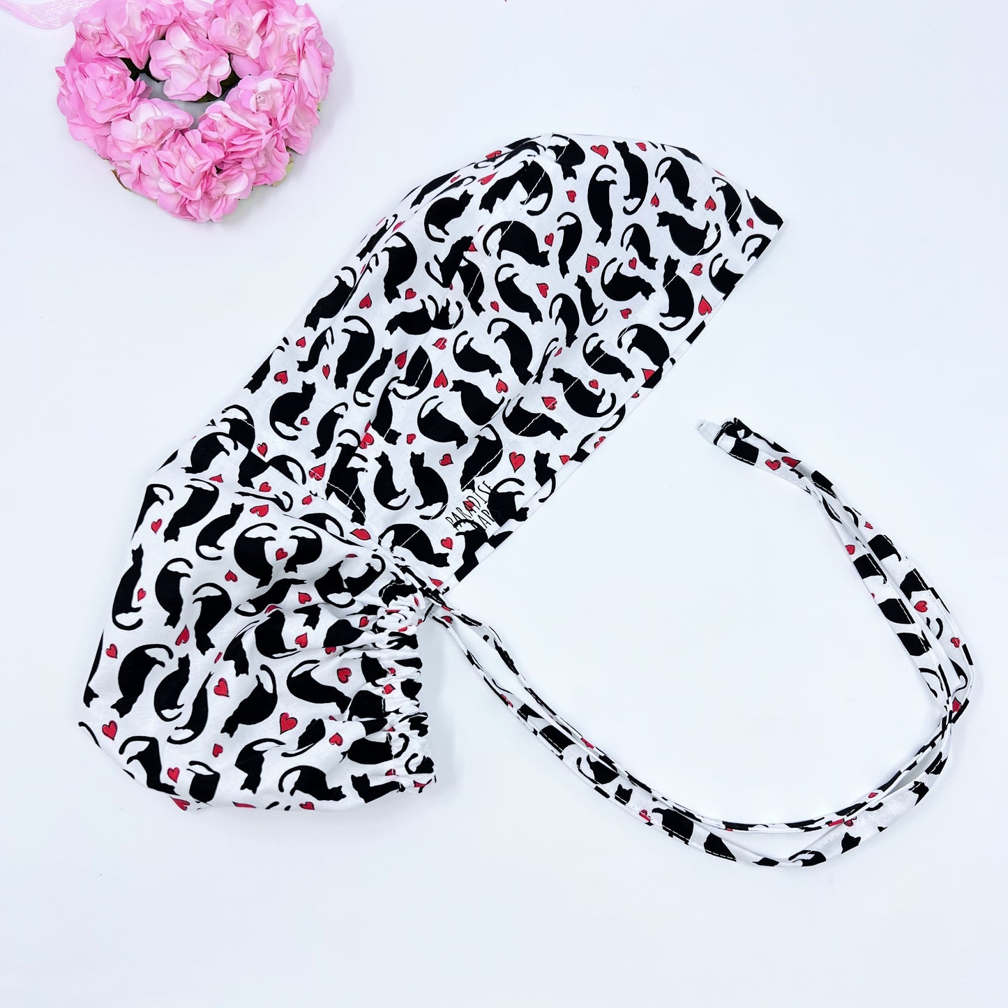 Valentines day Cats Ponytail scrub cap.