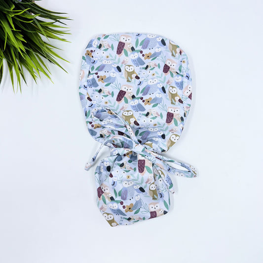 Owl You Need is Love - Ponytail scrub cap, Surgical cap women. Satin Lined Option Surgical cap with ponytail.