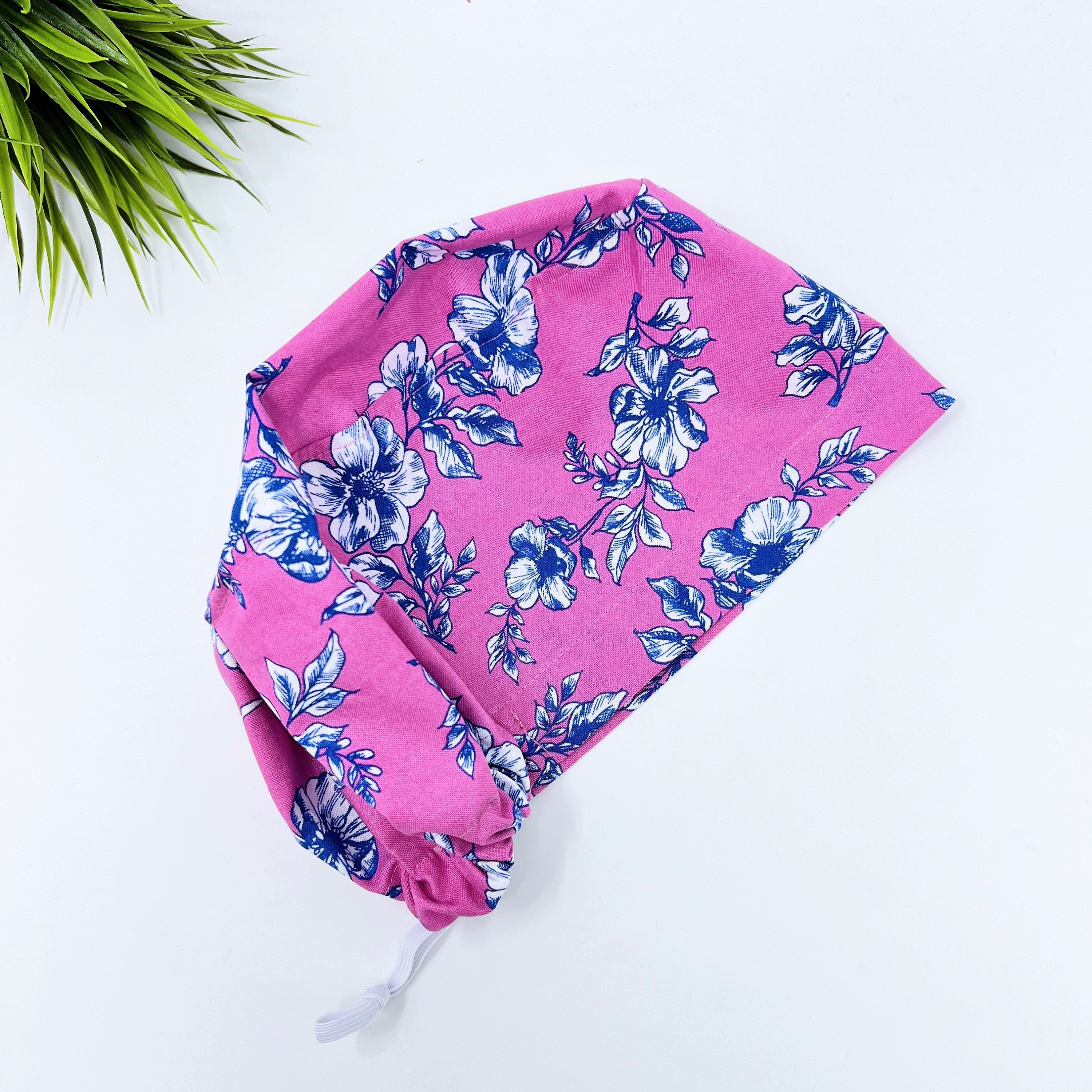 Blue Flower Euro Scrub Cap for Women, Floral European satin lined surgical cap by Paradise Caps.