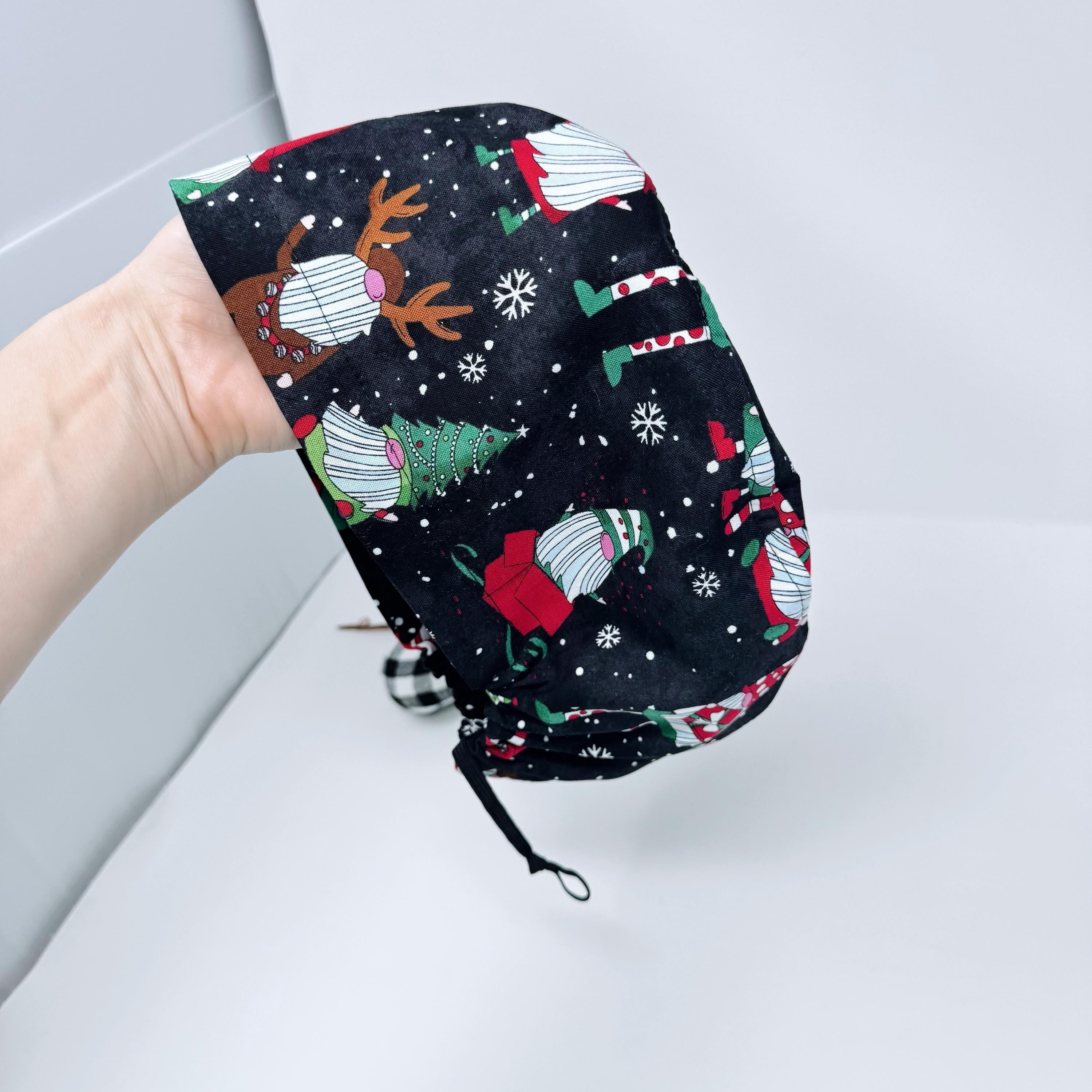 Christmas Euro Scrub Cap for Women, Gnomes Surgical cap with satin lined by Paradise Caps.