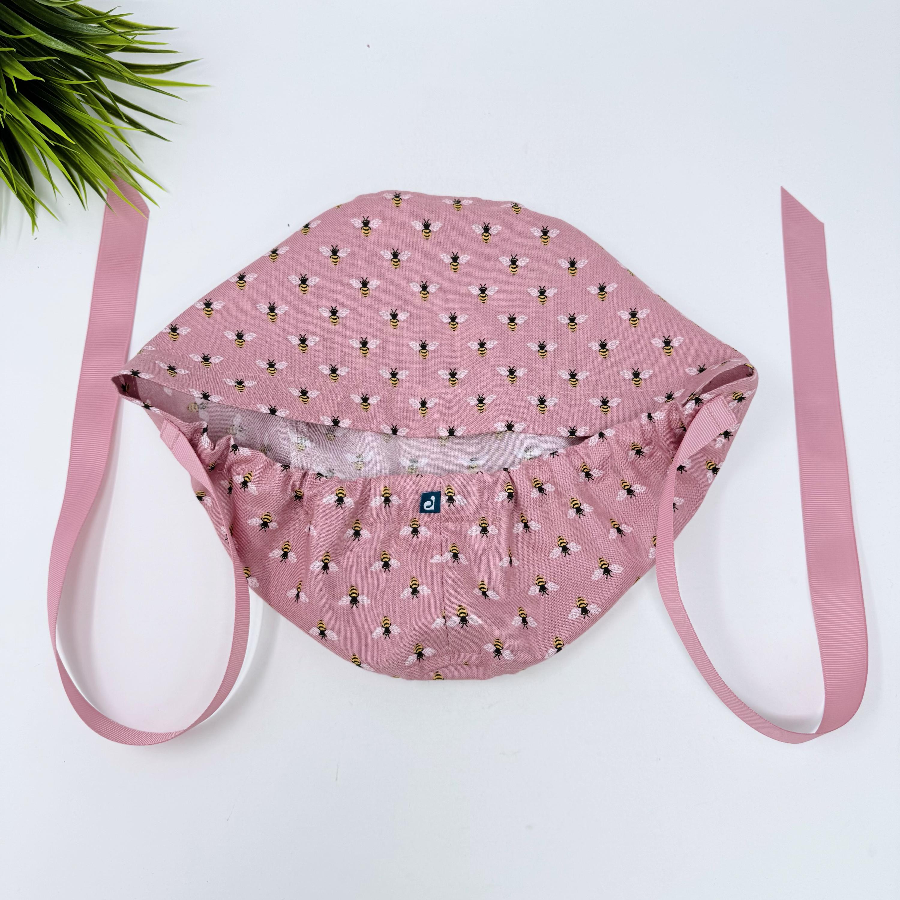 Bee Euro scrub cap with ties for Women, Pink European Surgical cap with Satin Lined Option by Paradise Caps. Euro PLUS style.