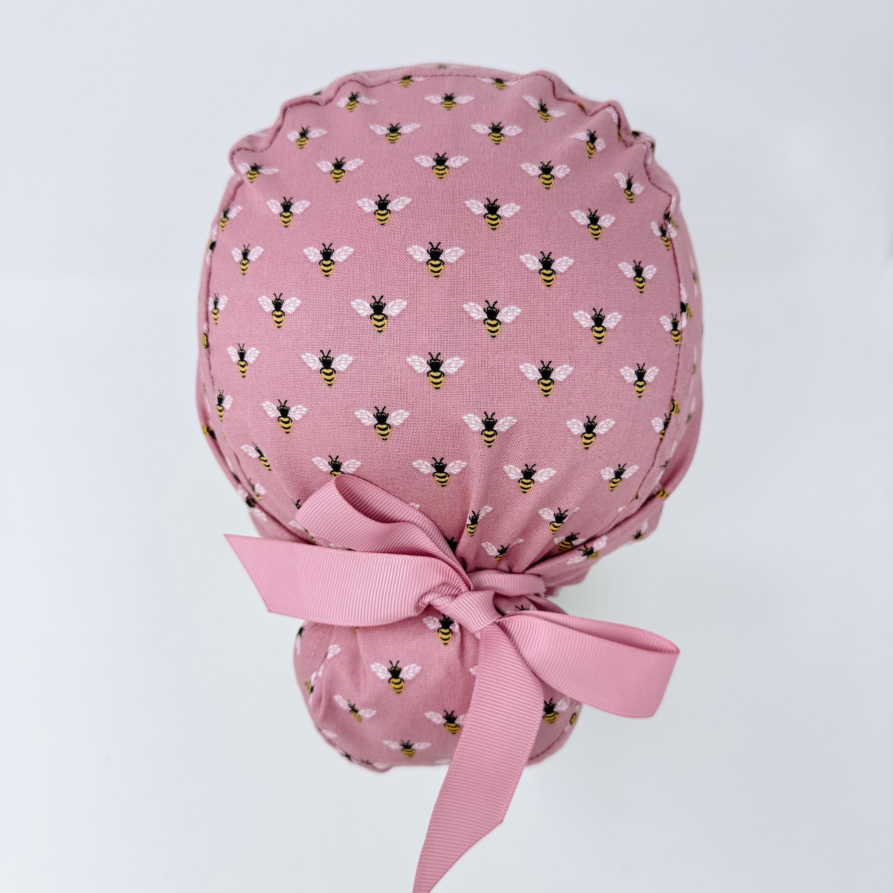 Bee Euro scrub cap with ties for Women, Pink European Surgical cap with Satin Lined Option by Paradise Caps. Euro PLUS style.