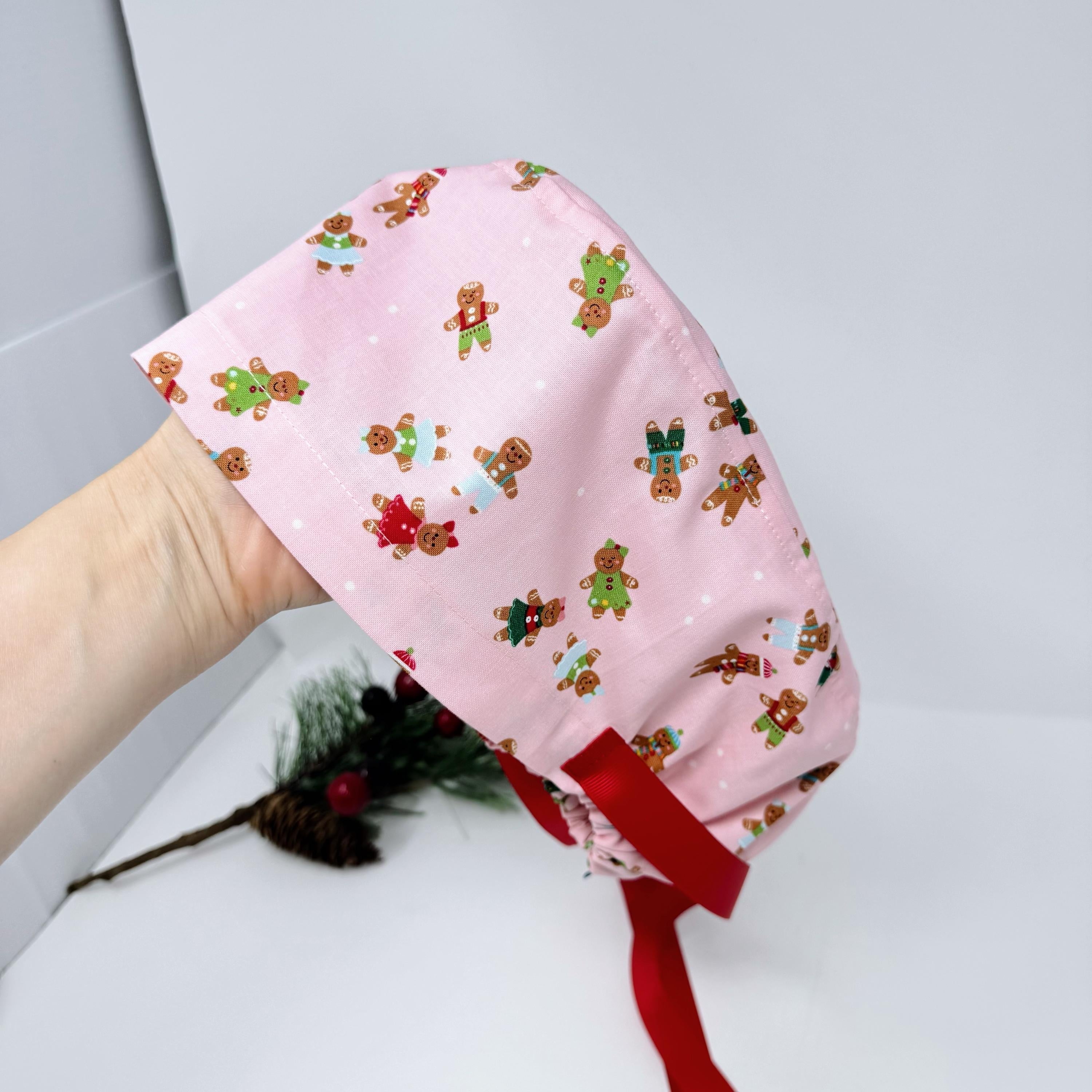 Gingerbread Euro scrub cap with ties for Women, Cute Christmas European Surgical cap with Satin Lined by Paradise Caps. Euro PLUS style Pink