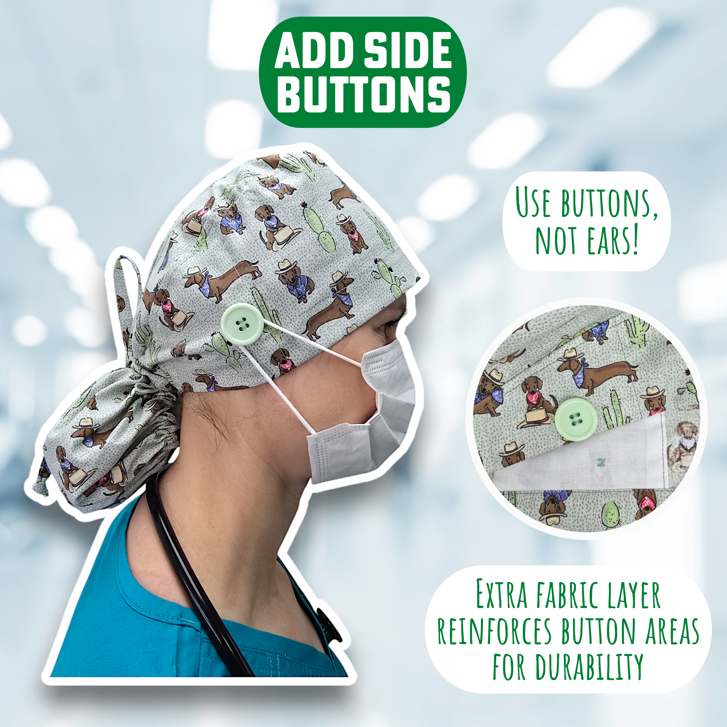 Horse Ponytail scrub cap for women with satin lined option by Paradise Caps.