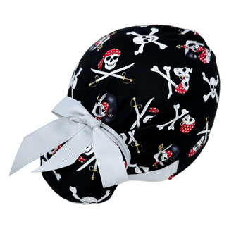 Halloween Euro scrub cap with ties for Women, Pirate European Surgical cap with Satin Lined Option by Paradise Caps. Euro PLUS style.