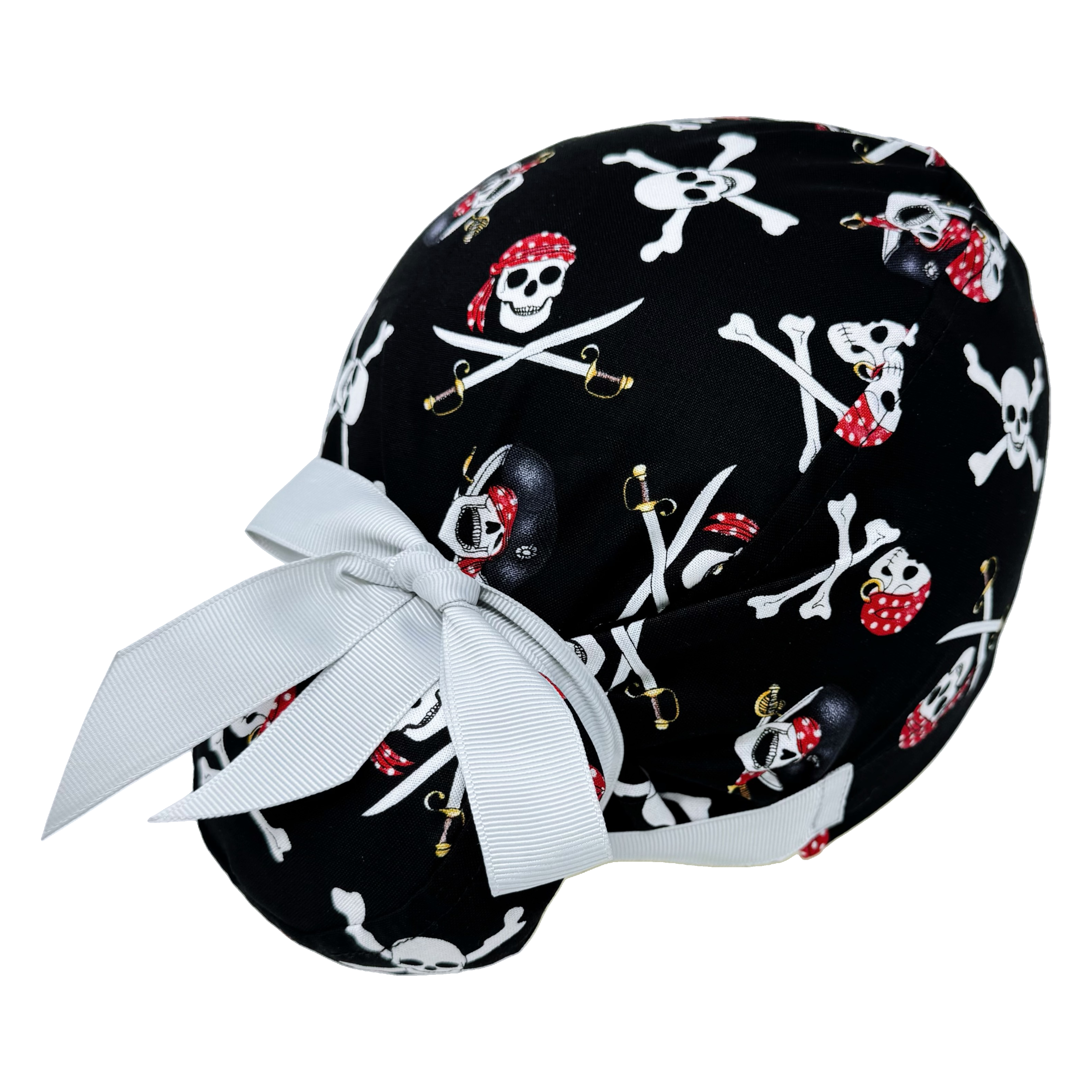Halloween Euro scrub cap with ties for Women, Pirate European Surgical cap with Satin Lined Option by Paradise Caps. Euro PLUS style.