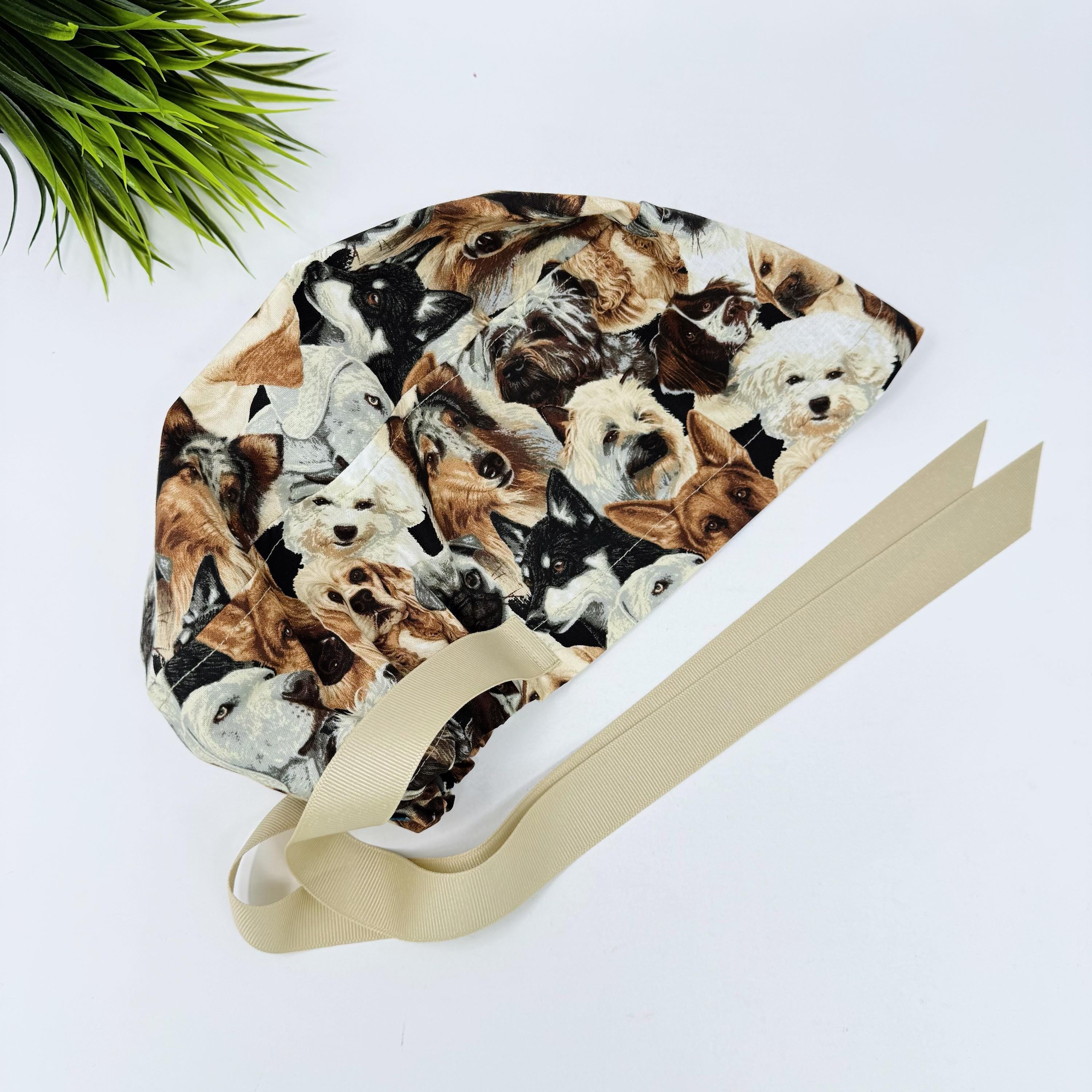Dog Euro scrub cap with ties for Women, European Surgical cap with Satin Lined Option by Paradise Caps. Euro PLUS style.