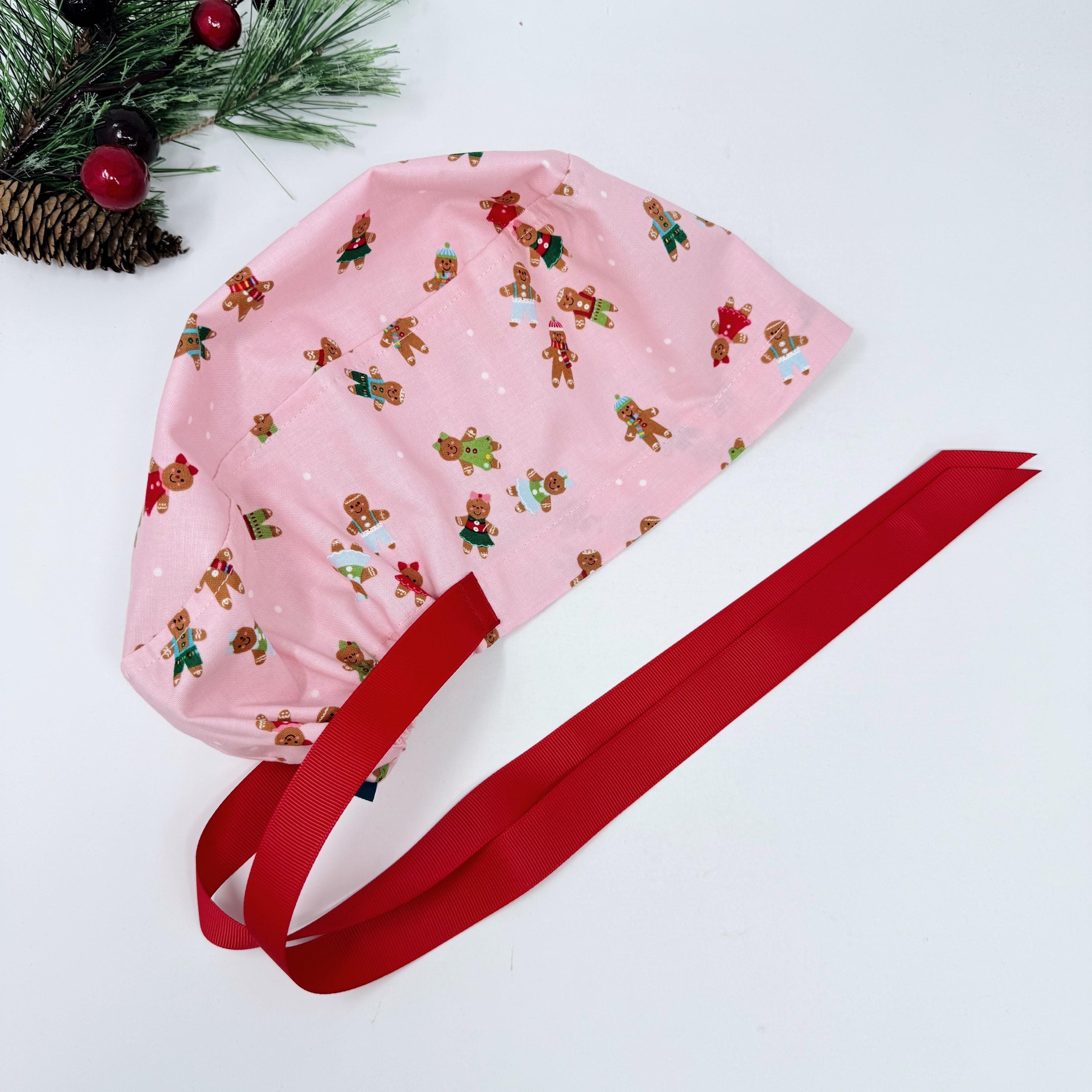 Gingerbread Euro scrub cap with ties for Women, Cute Christmas European Surgical cap with Satin Lined by Paradise Caps. Euro PLUS style Pink