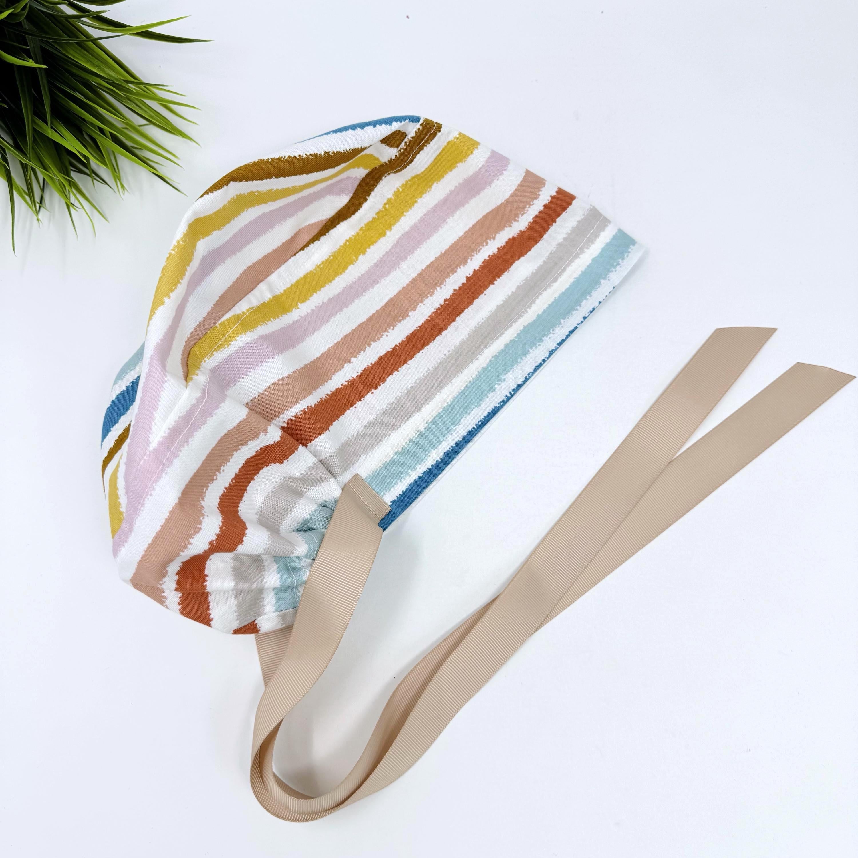 Retro Stripes Euro scrub cap with ties for Women by Paradise Caps. Euro PLUS style.