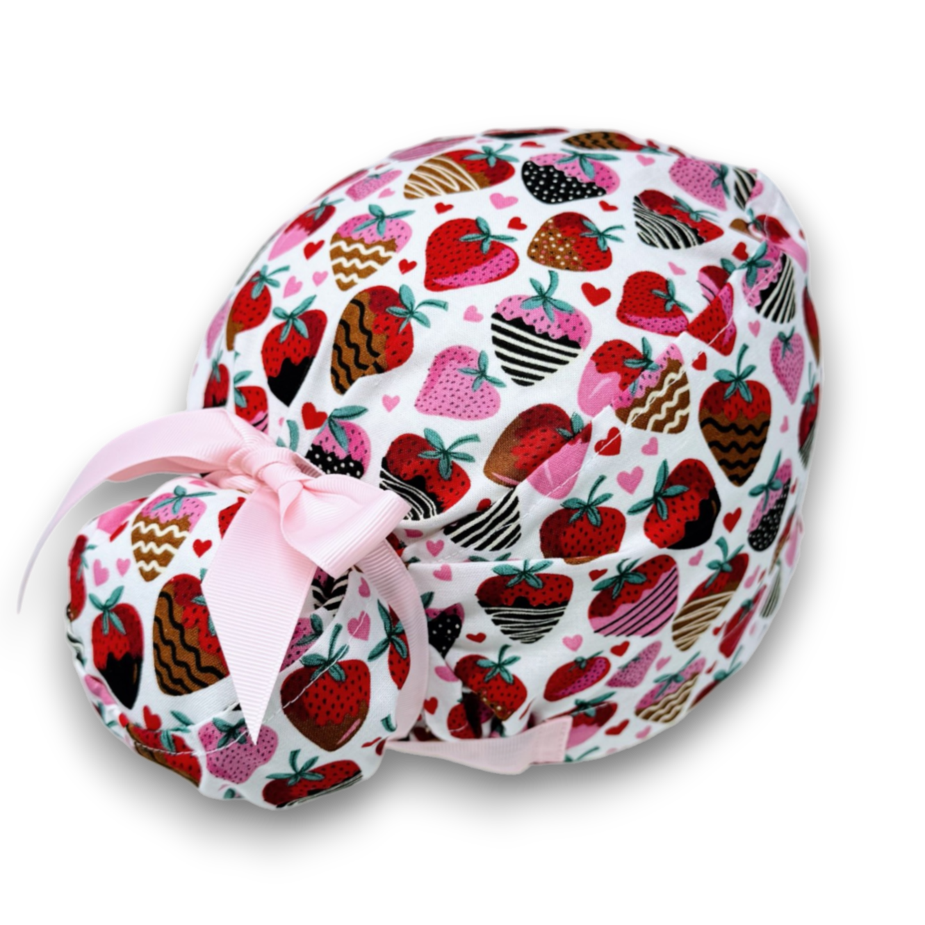 Valentine's day Euro scrub cap with ties for Women, Strawberry European Surgical cap with Satin Lined by Paradise Caps.