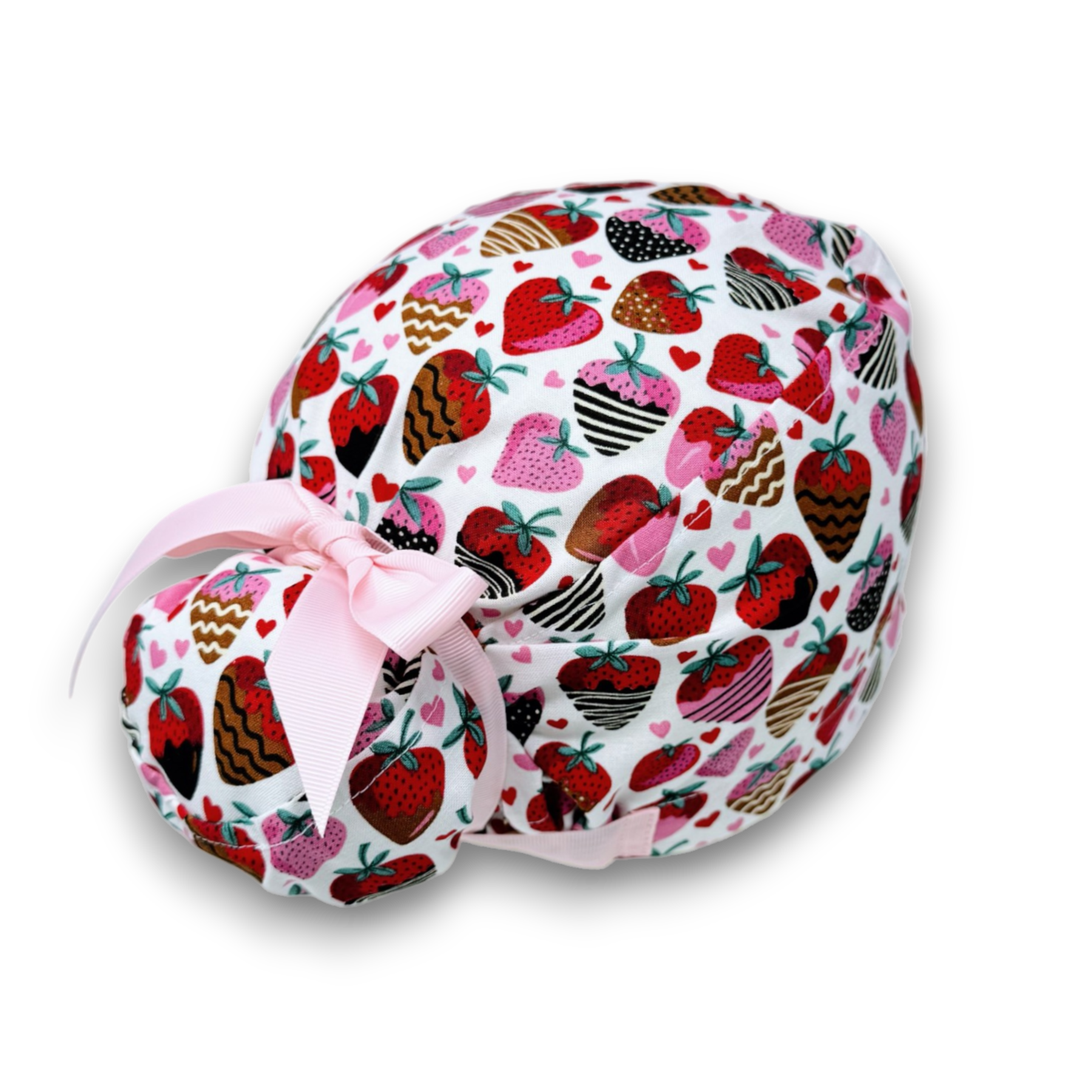 Valentine's day Euro scrub cap with ties for Women, Strawberry European Surgical cap with Satin Lined by Paradise Caps.