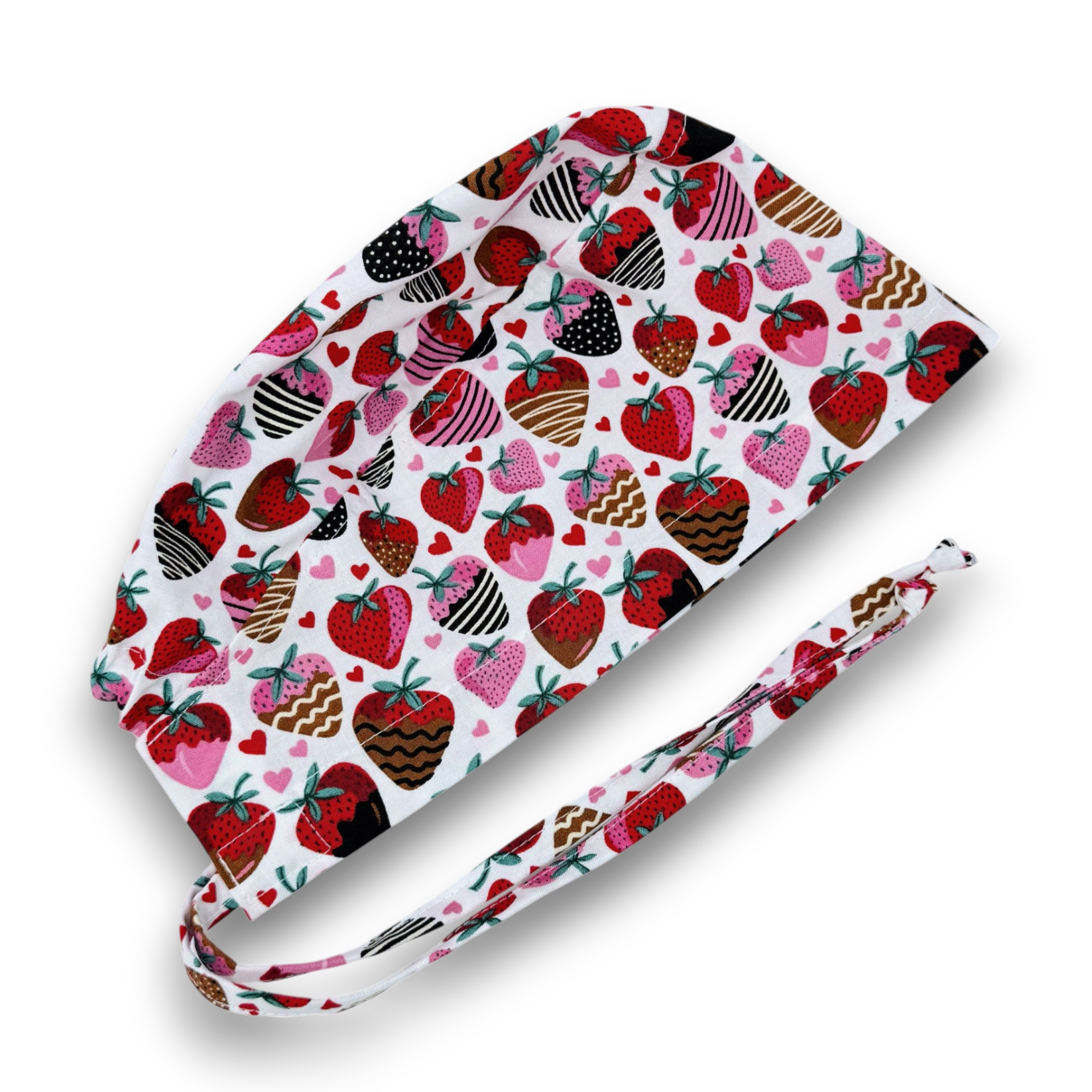 Valentine's day scrub Cap for men. Strawberry surgical hat. Men's skull tie-back style by Paradise Caps.