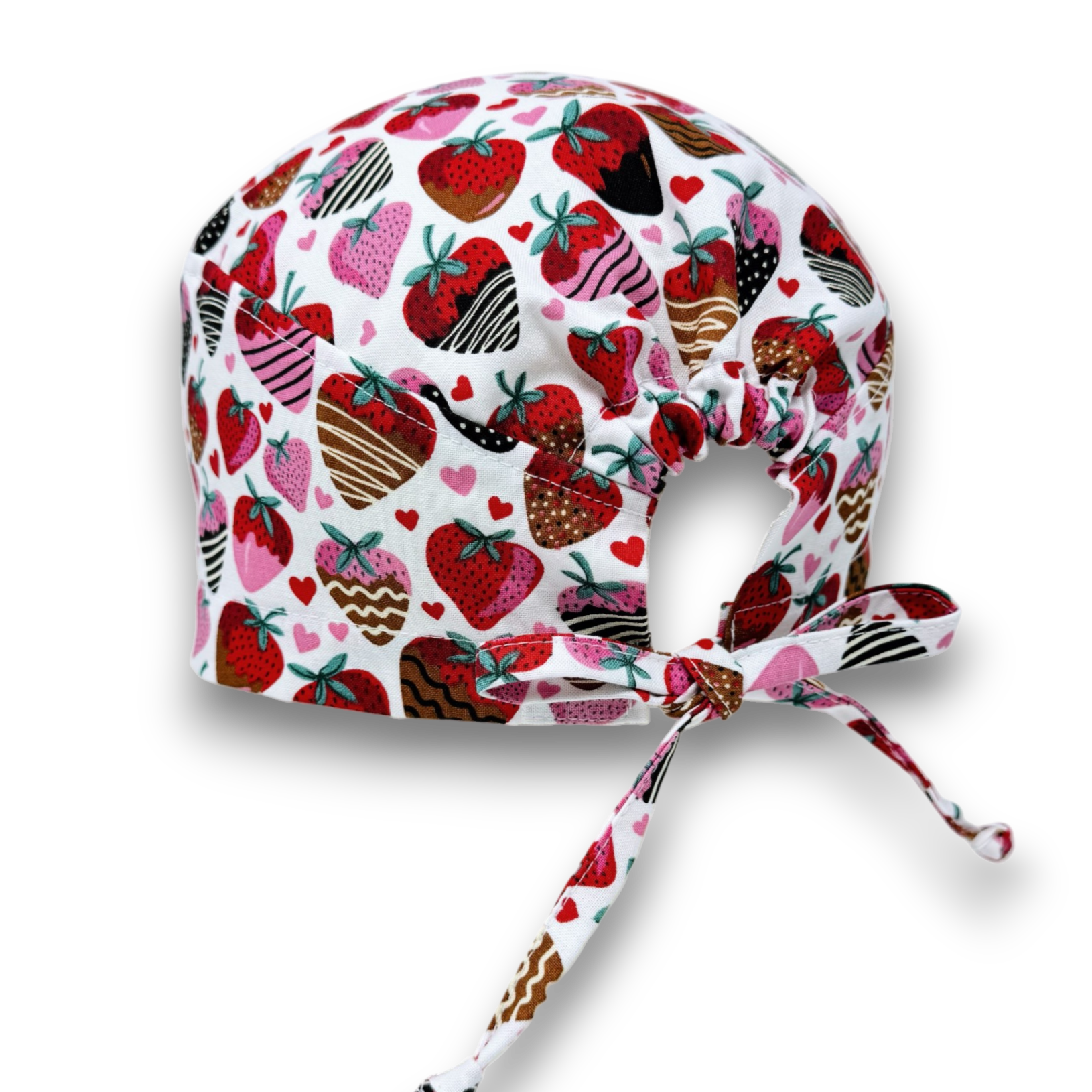 Valentine's day scrub Cap for men. Strawberry surgical hat. Men's skull tie-back style by Paradise Caps.