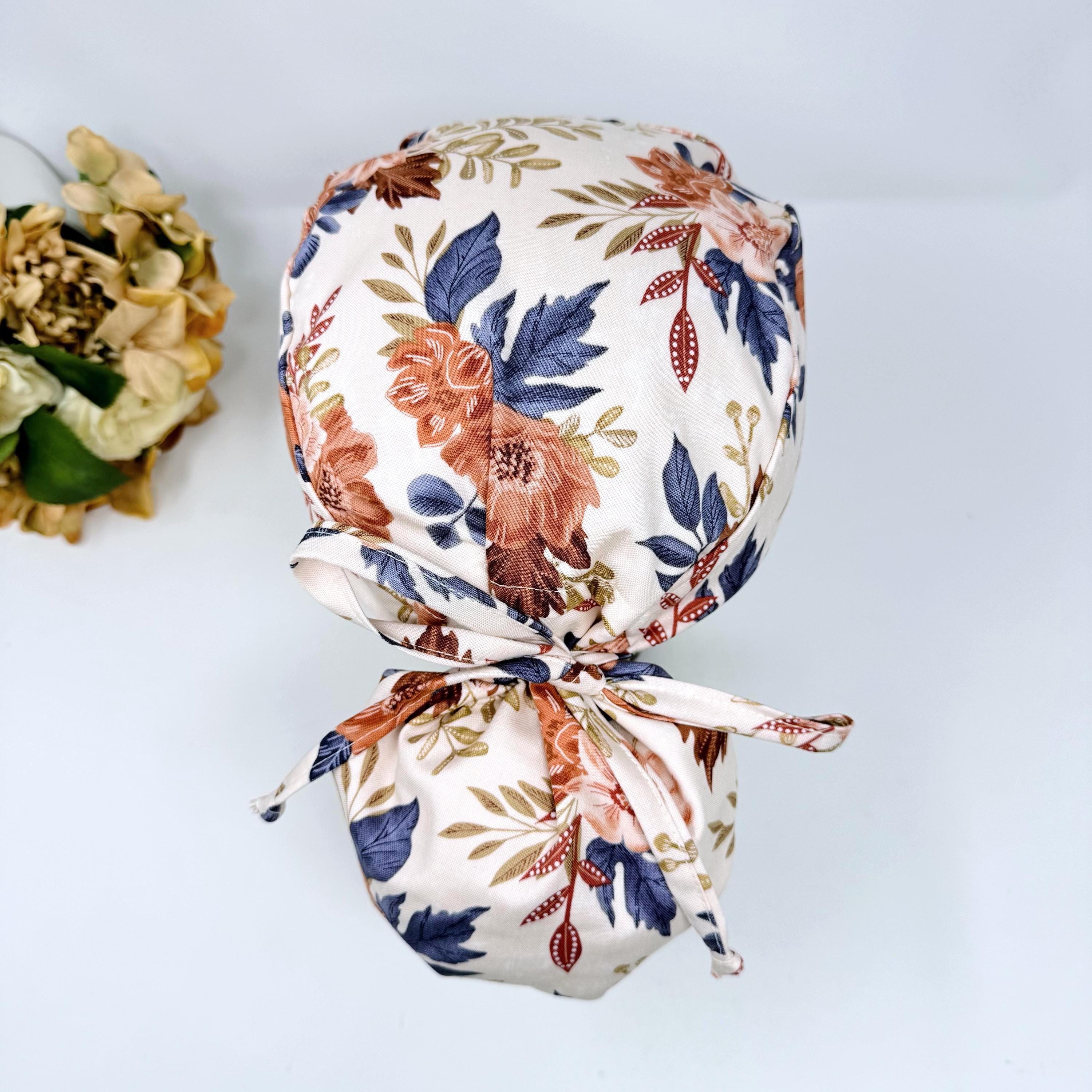 Floral Ponytail scrub cap for women. Thanksgiving Surgical hat. Fall Surgical cap with Satin Lined Option by Paradise Caps.