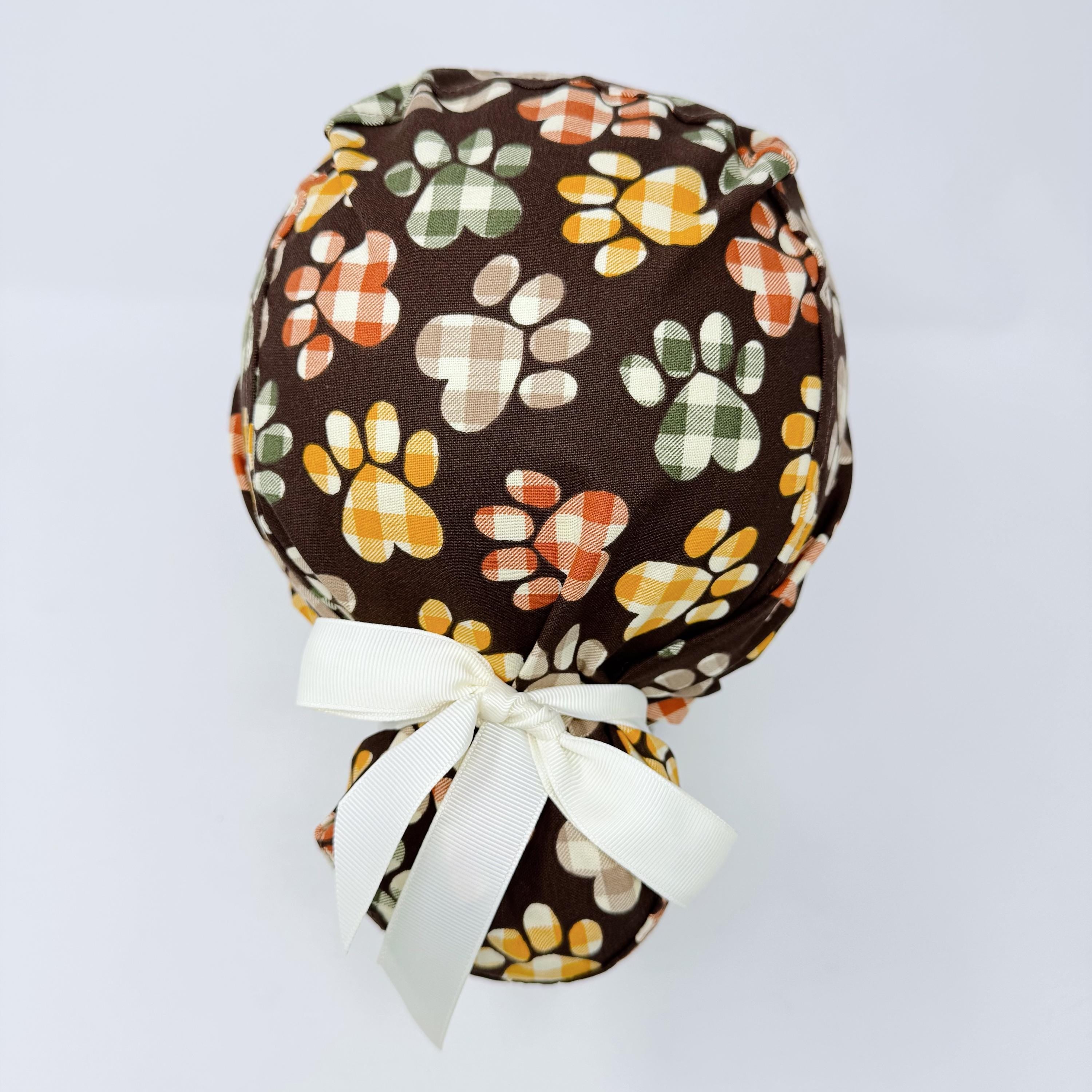Paw Euro scrub cap with ties for Women, Fall European Surgical cap with Satin Lined Option by Paradise Caps. Thanksgiving Euro PLUS style