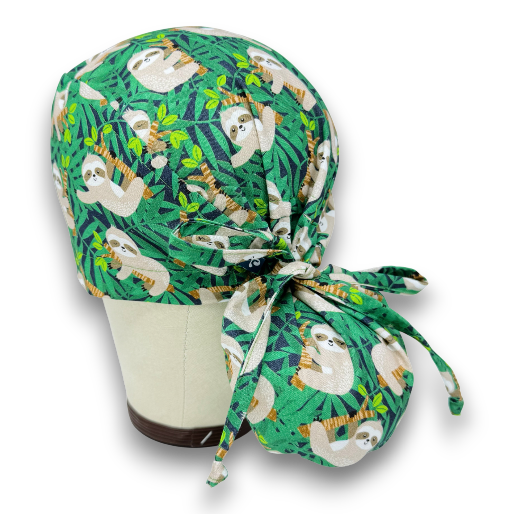 Sloth Ponytail scrub cap for women with satin lined option by Paradise Caps.
