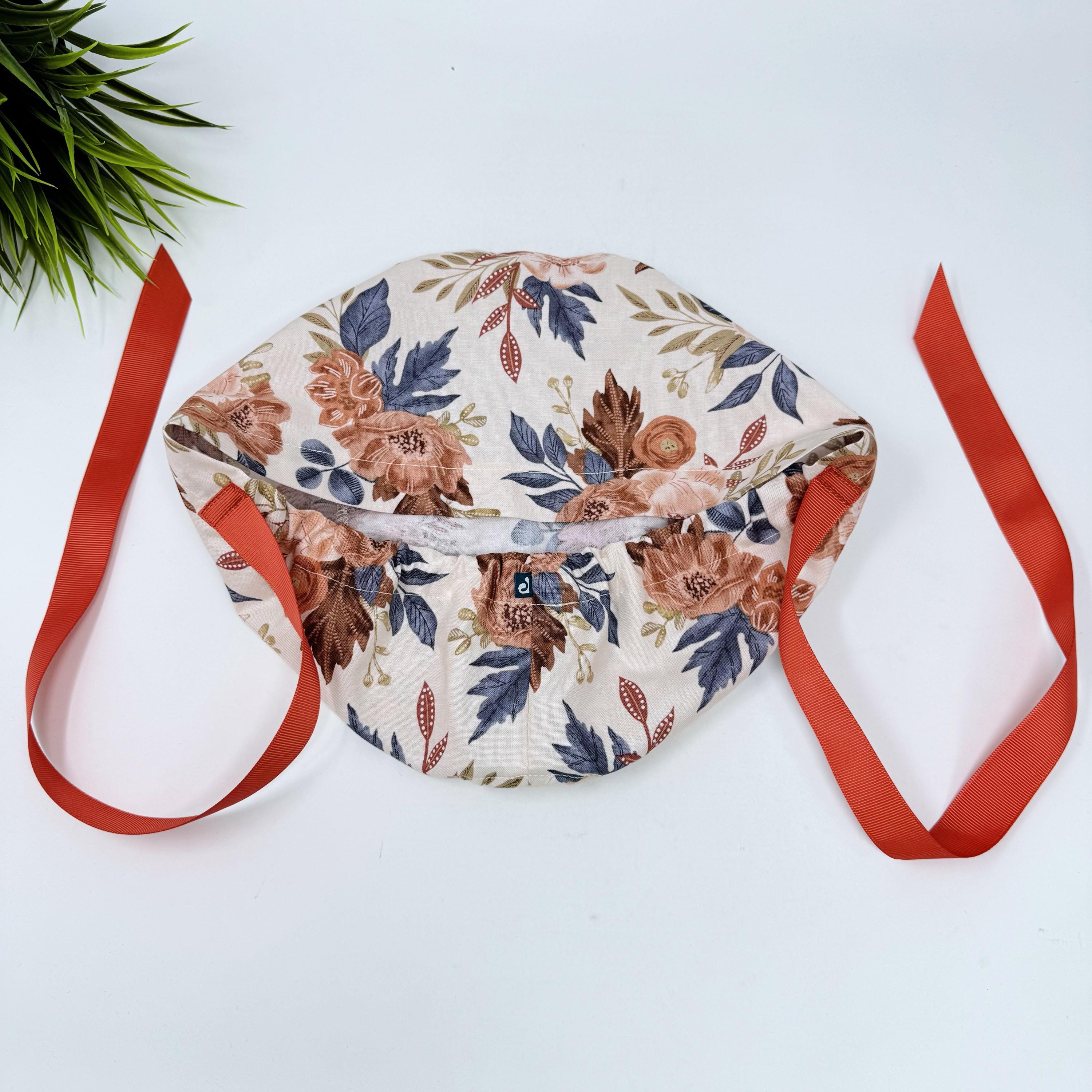 Floral Euro scrub cap with ties for Women. Fall European Surgical cap with Satin Lined Option by Paradise Caps. Euro PLUS style.