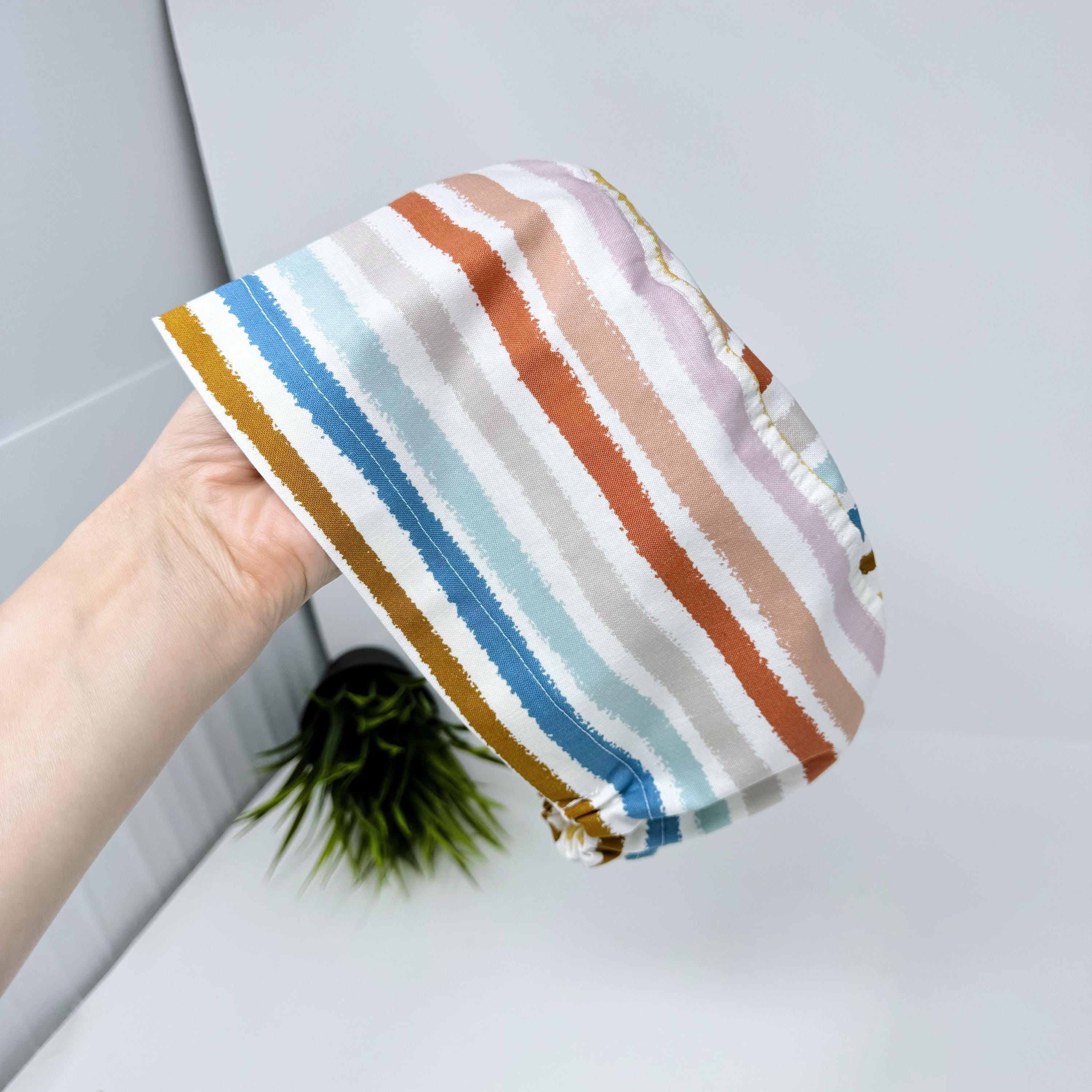 Retro Stripes Euro Scrub Cap for Women, European surgical hat with satin lined by Paradise Caps.