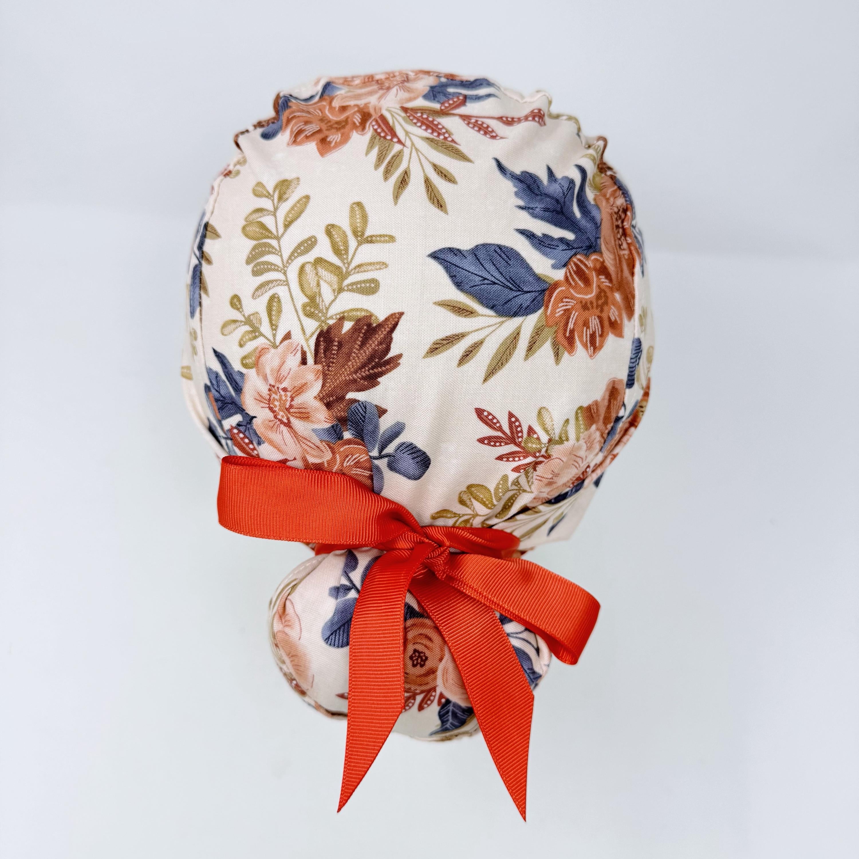 Floral Euro scrub cap with ties for Women. Fall European Surgical cap with Satin Lined Option by Paradise Caps. Euro PLUS style.