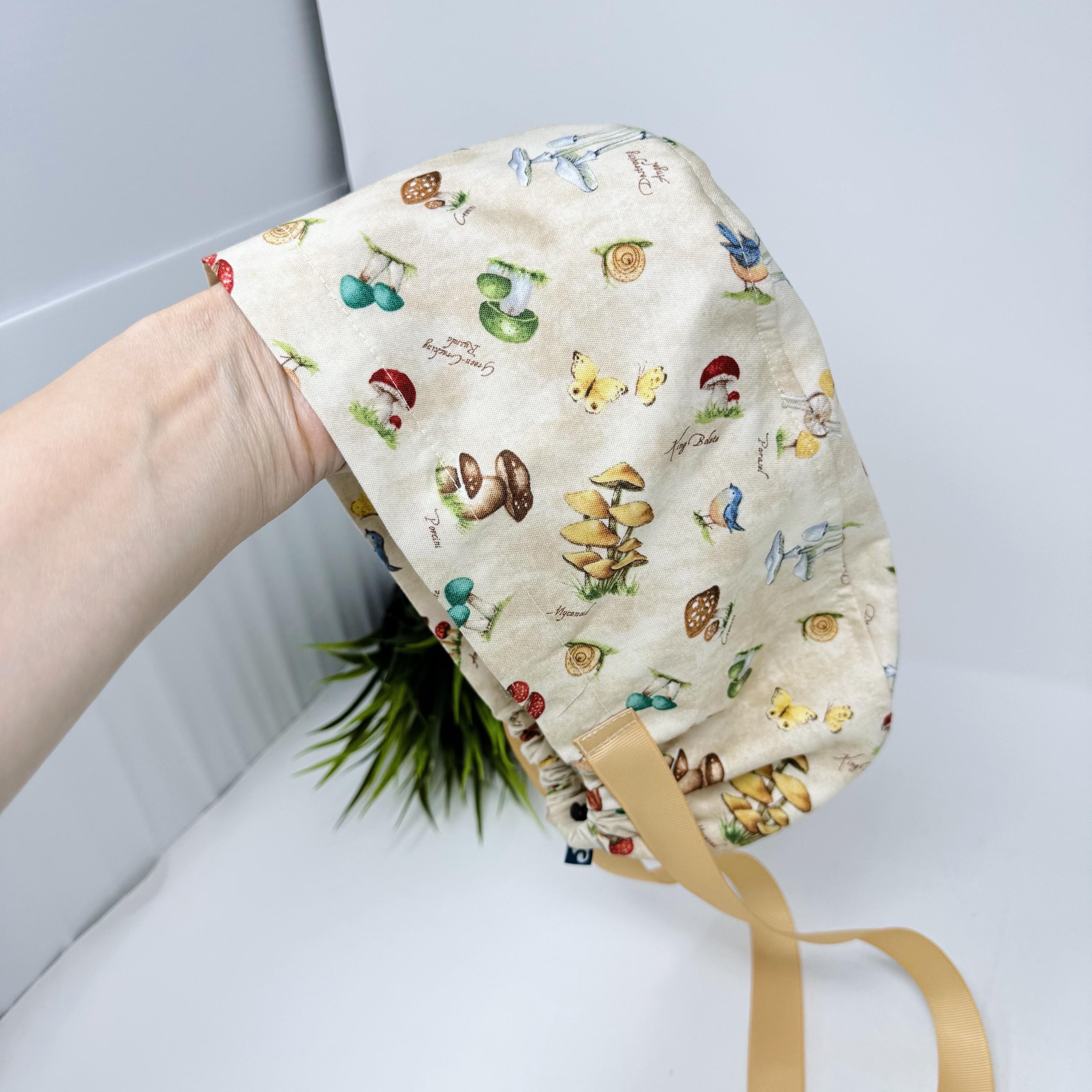 Mushroom Euro Scrub Cap for Women. Euro Scrub Cap style with ties by ParadiseCaps. Fall European Surgical cap with Satin Lined Option.