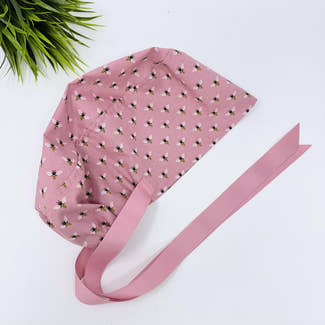 Bee Euro scrub cap with ties for Women, Pink European Surgical cap with Satin Lined Option by Paradise Caps. Euro PLUS style.