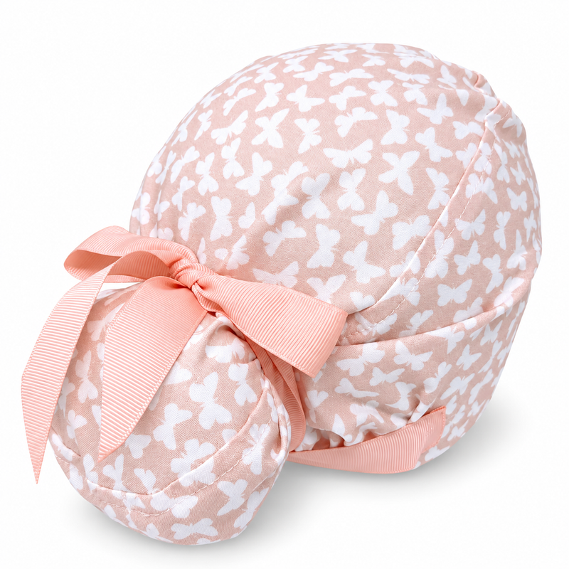 Blush Butterflies Euro scrub cap with ribbon ties for Women with satin lined option by Paradise Caps. Euro PLUS style. on white background with soft shadow