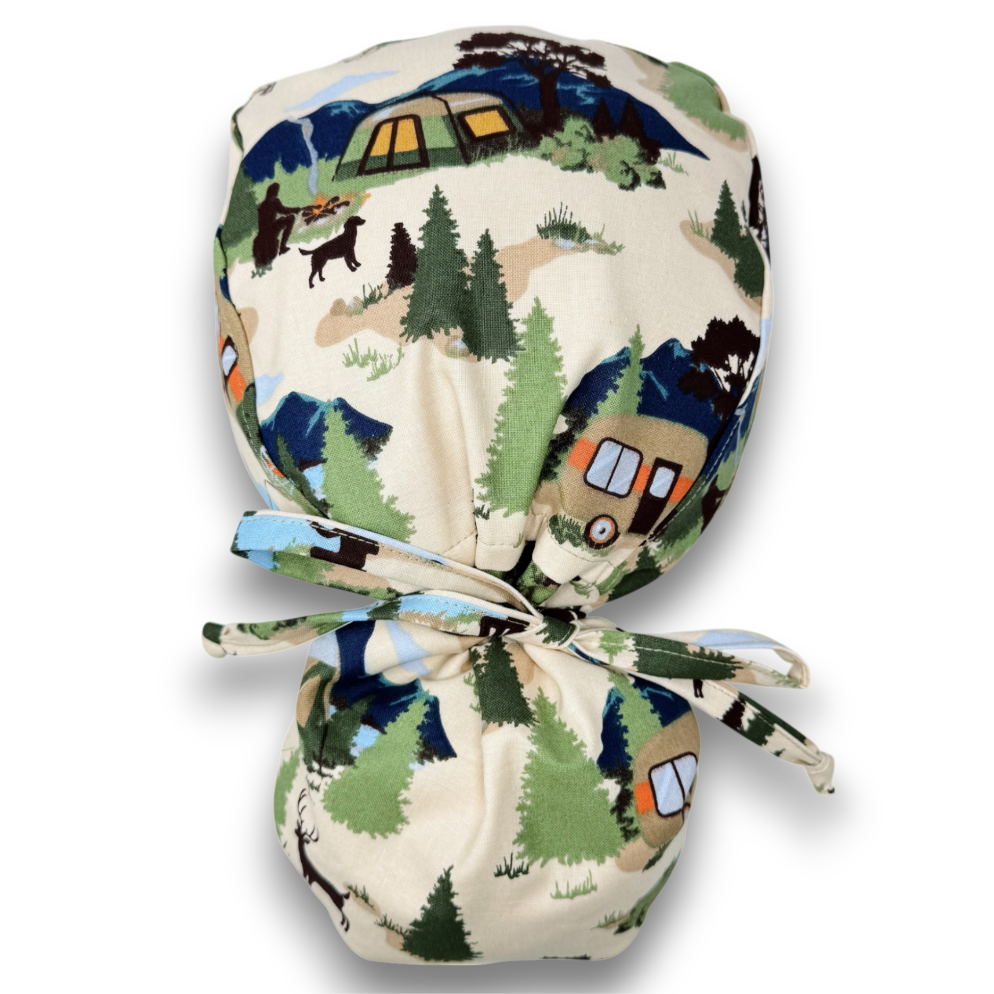 Camping Ponytail scrub cap for women with satin lined option by Paradise Caps.