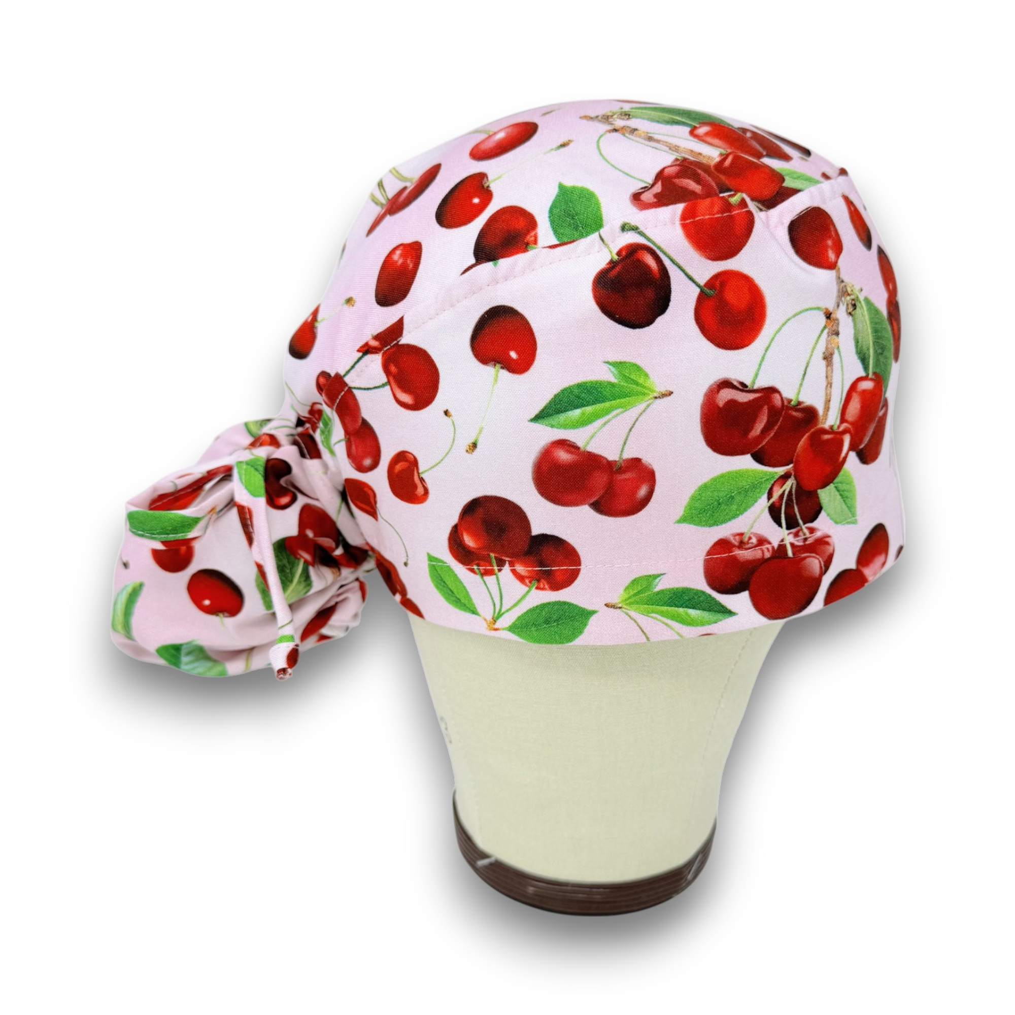 Cherry Ponytail scrub cap for women with satin lined option by Paradise Caps.