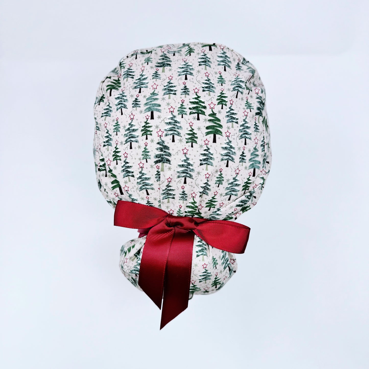 Christmas euro scrub cap with ribbon ties. Scrub caps for women