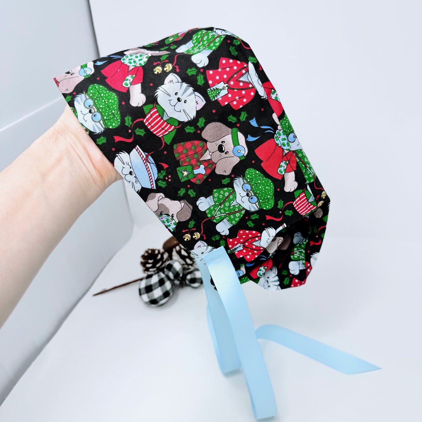 Funny Christmas euro scrub cap with ribbon ties