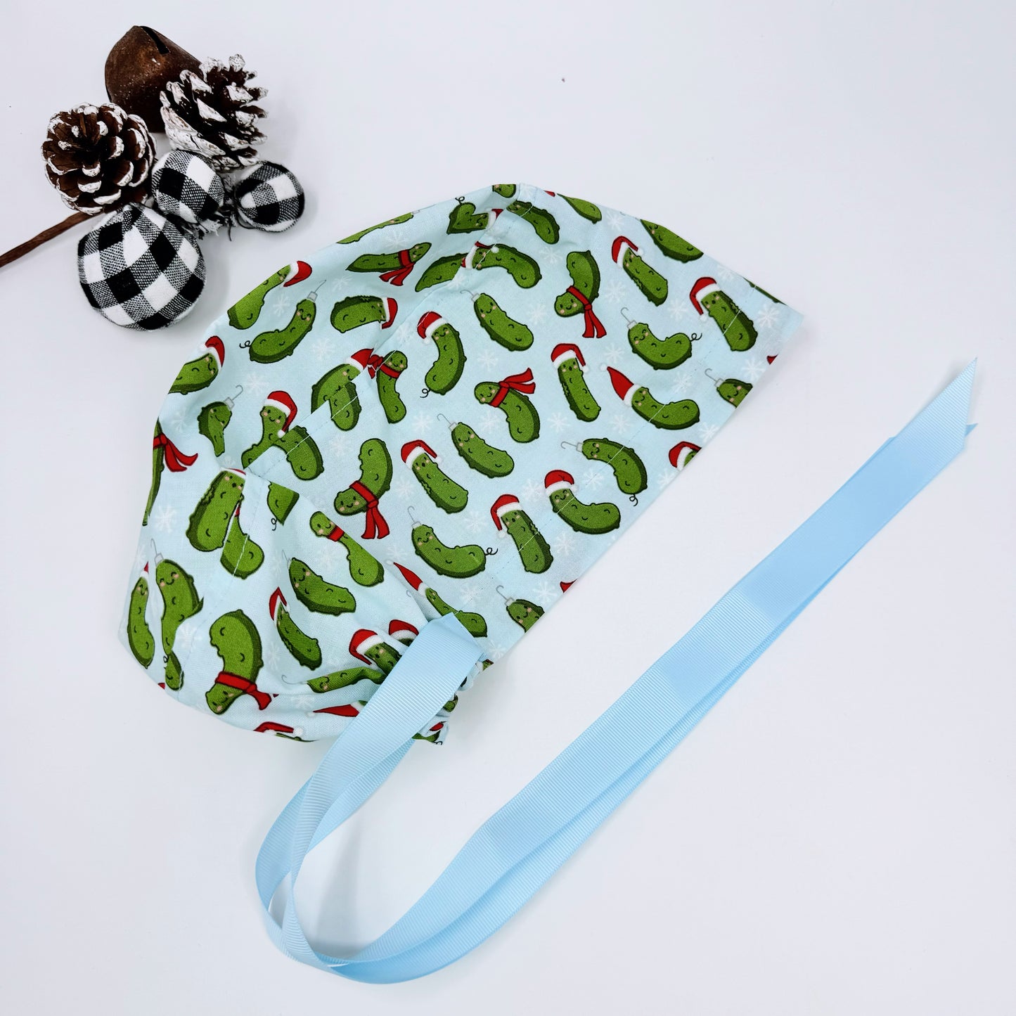 Funny Christmas scrub cap with ribbon ties. Euro style scrub cap