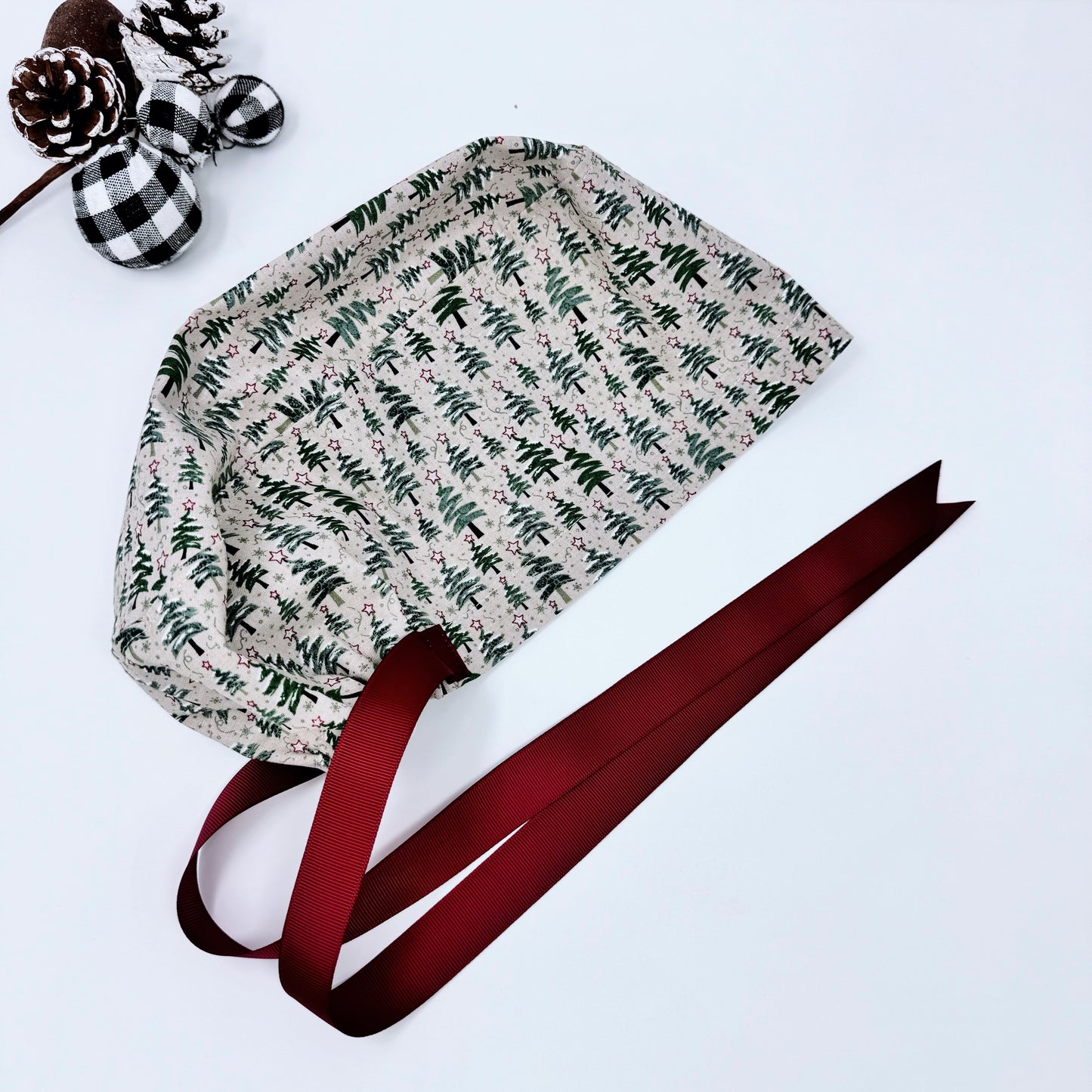 Christmas euro scrub cap with ribbon ties. Scrub caps for women