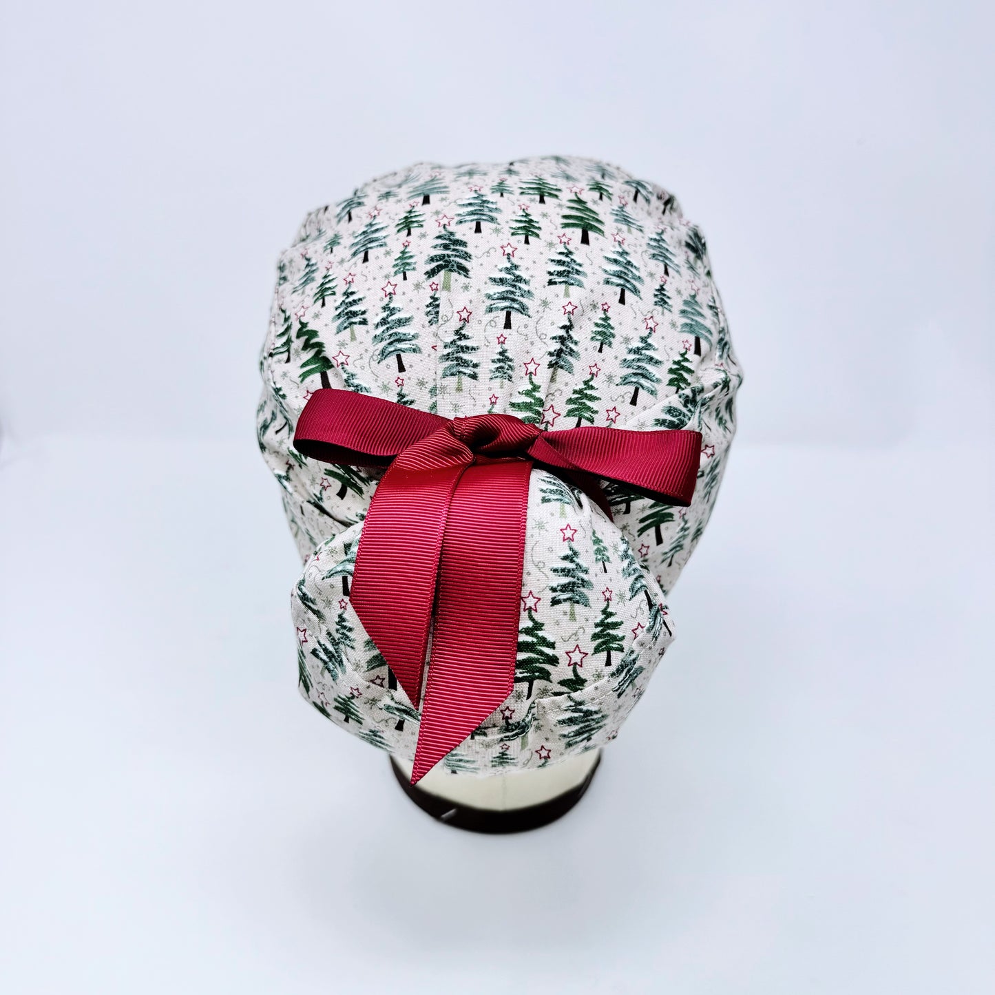 Christmas euro scrub cap with ribbon ties. Scrub caps for women