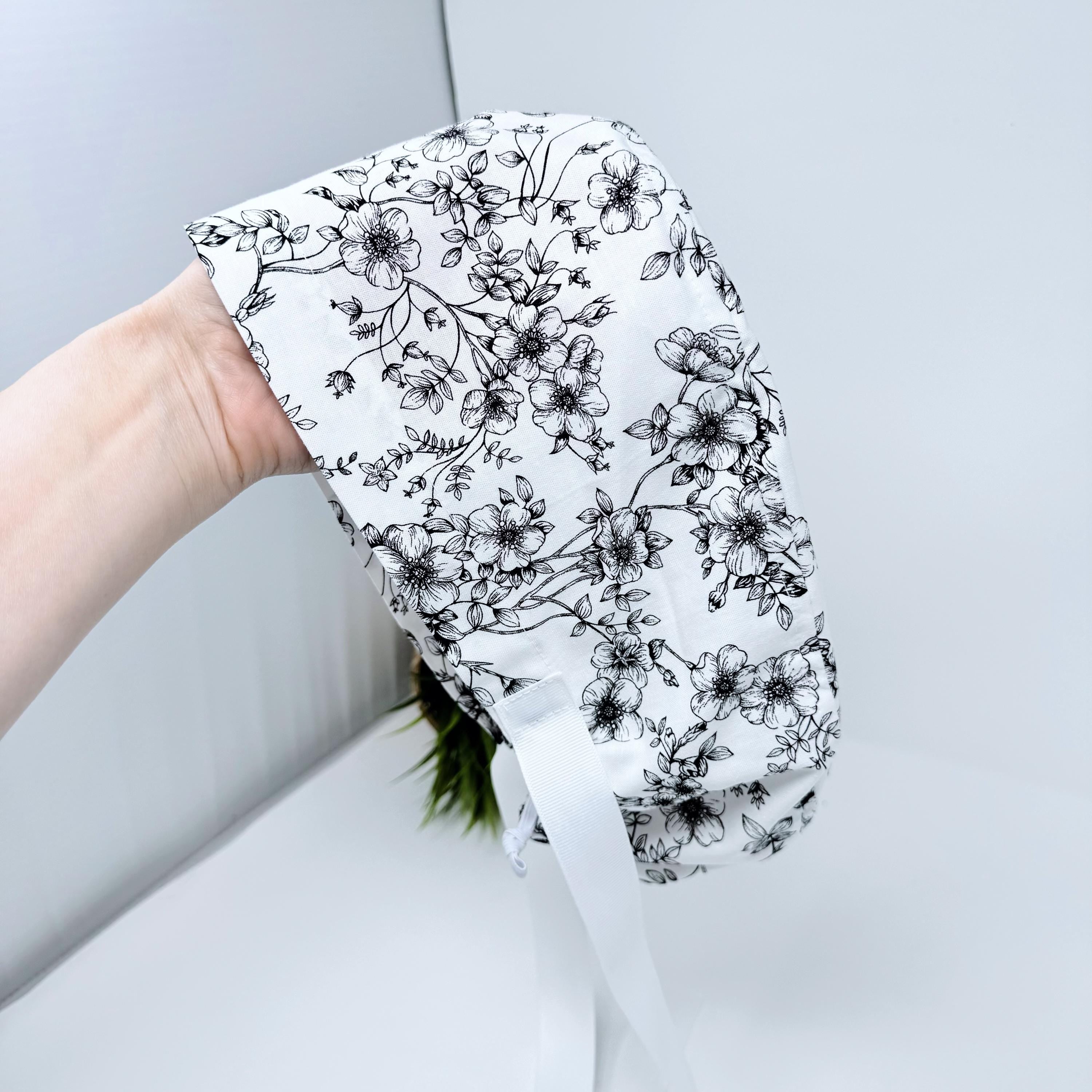 Flowers on white Euro PLUS style with ties Scrub Cap for Women, European Surgical cap with Satin Lined Option.