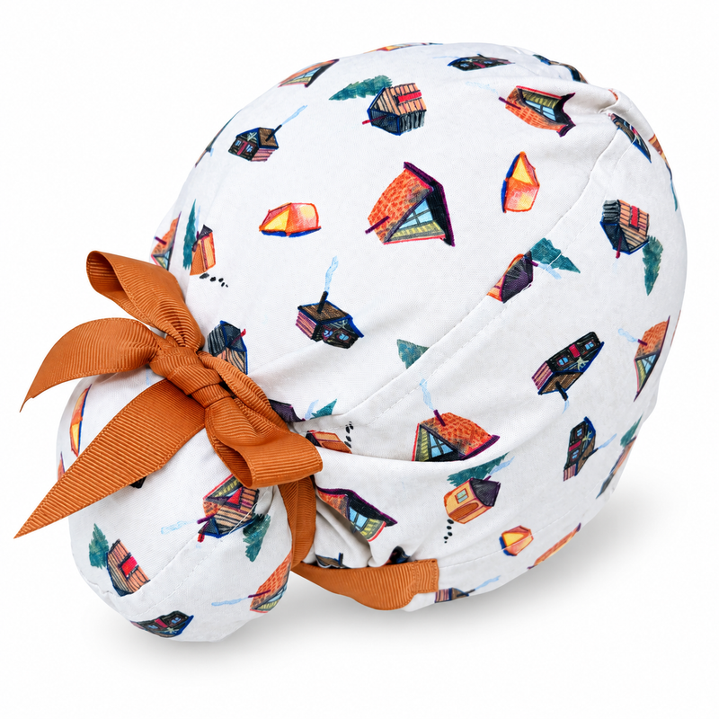 Cozy Cabins Euro scrub cap with ribbon ties for women with satin lined surgical hat by Paradise Caps. Euro PLUS style. on white background with soft shadow