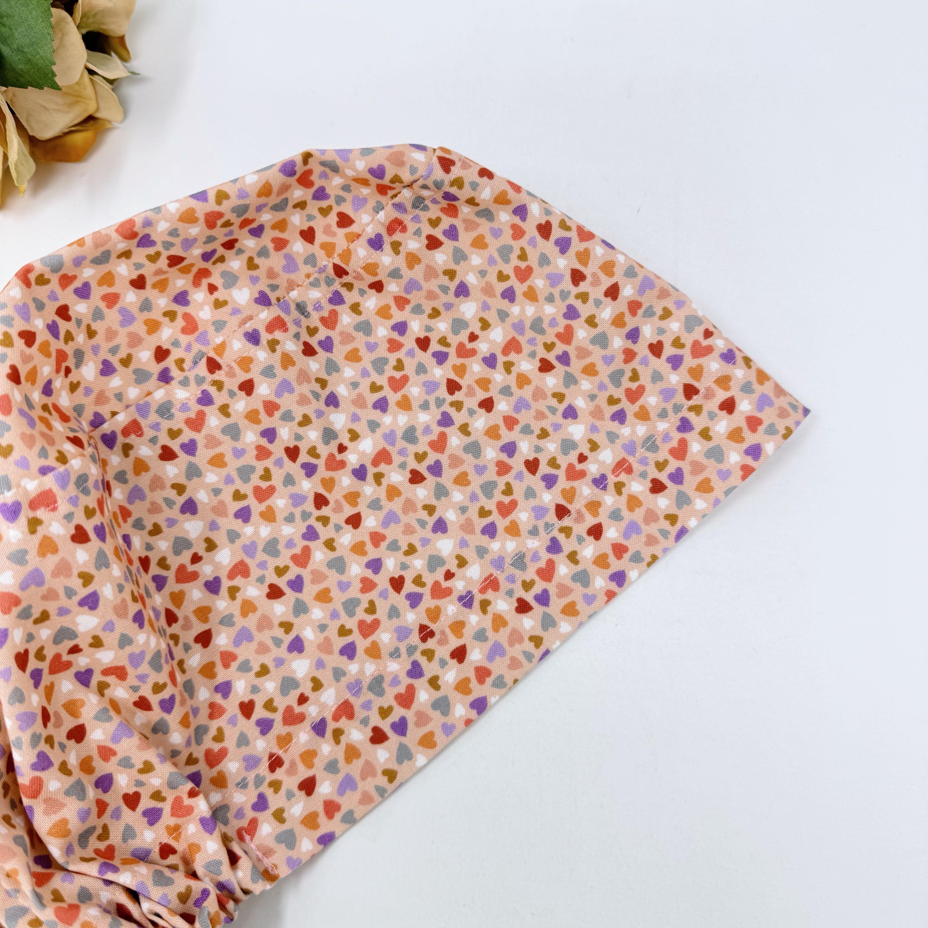 Colorful Hearts Scrub Cap for Women, Pink surgical cap with Satin Lined by Paradise Caps.