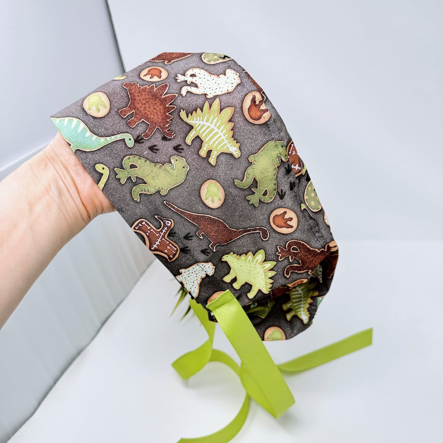 Funny european scrub hat, ribbon ties, euro style, dinosaurs print