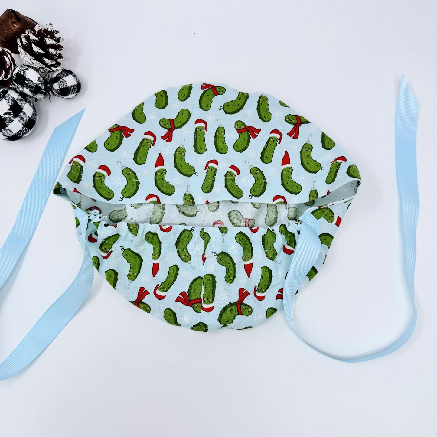 Funny Christmas scrub cap with ribbon ties. Euro style scrub cap