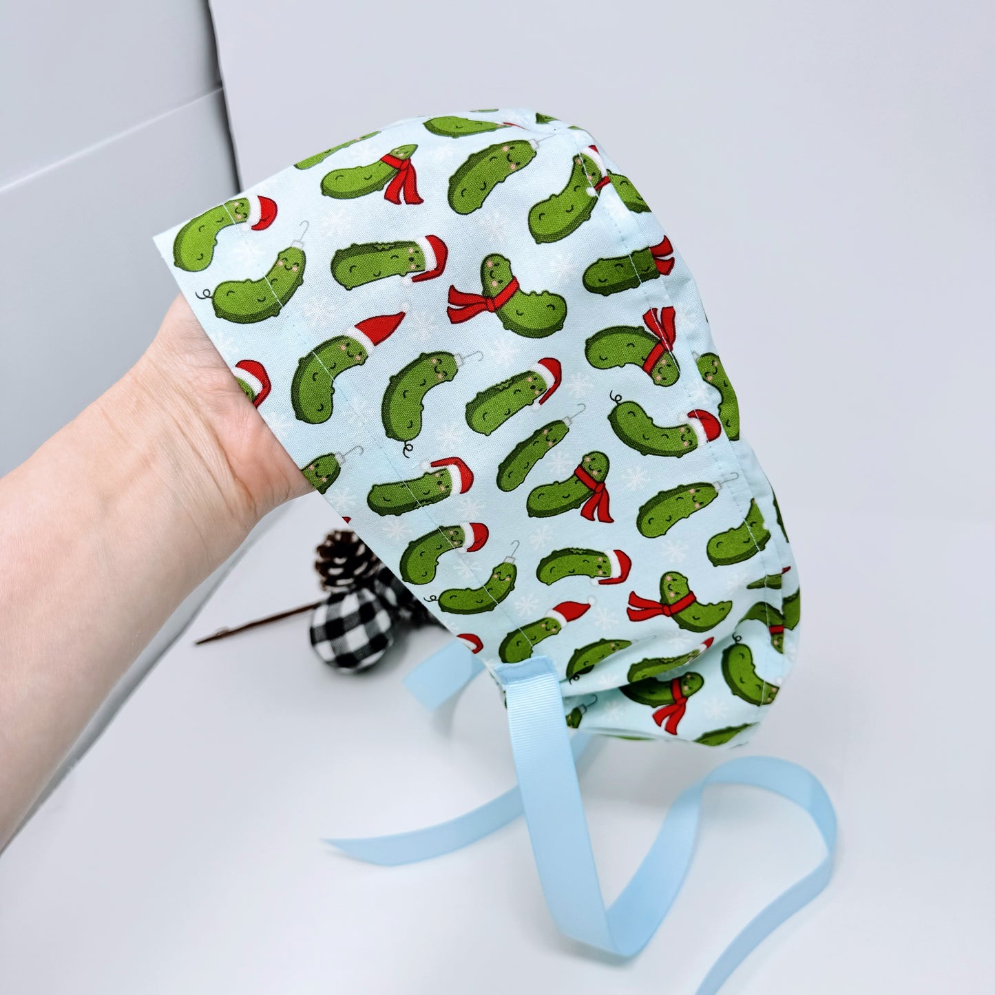 Funny Christmas scrub cap with ribbon ties. Euro style scrub cap