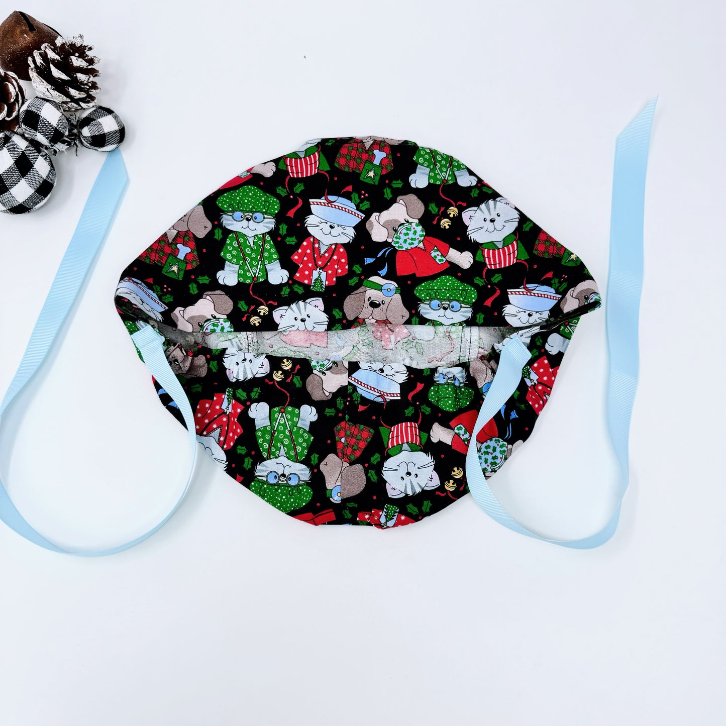 Funny Christmas euro scrub cap with ribbon ties