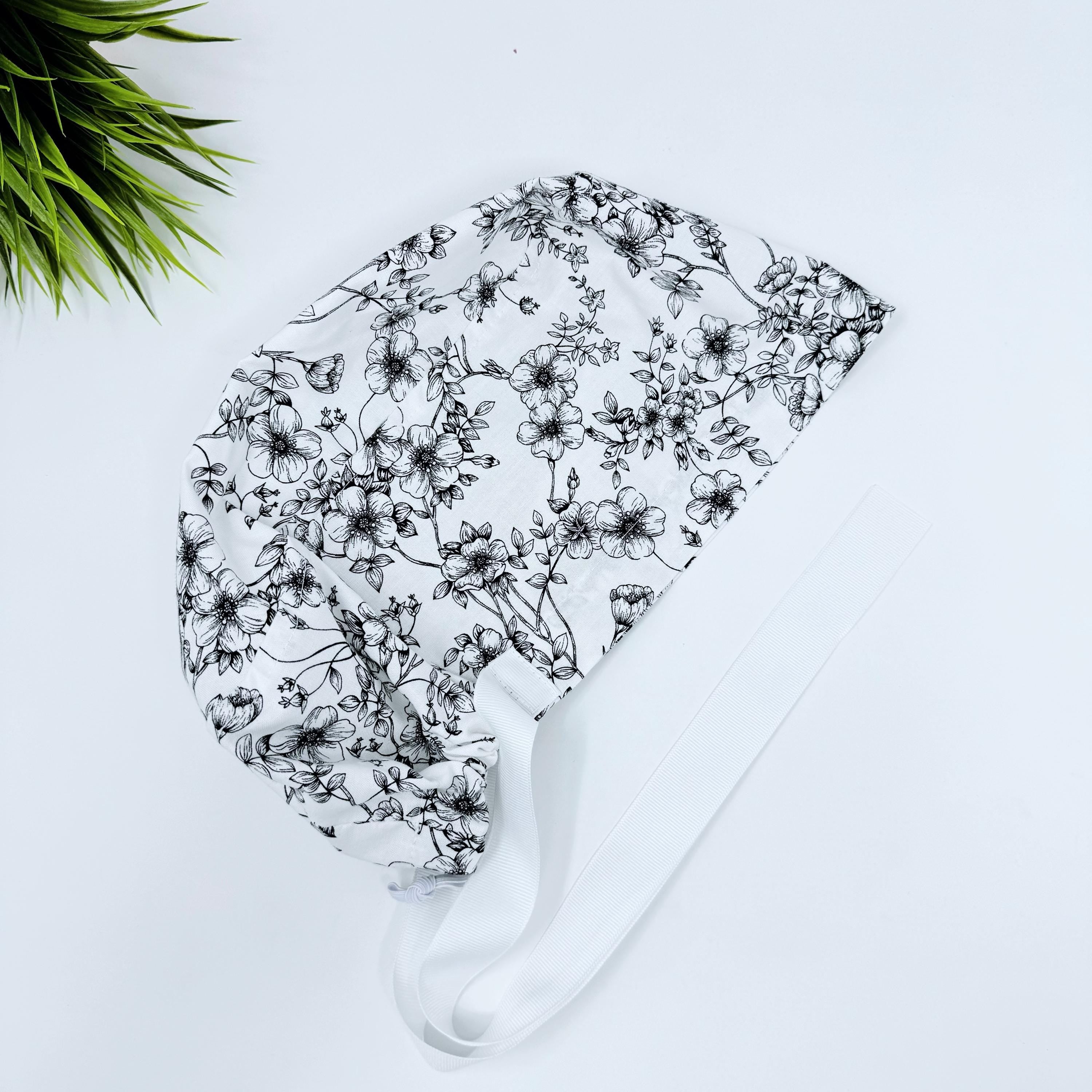 Flowers on white Euro PLUS style with ties Scrub Cap for Women, European Surgical cap with Satin Lined Option.