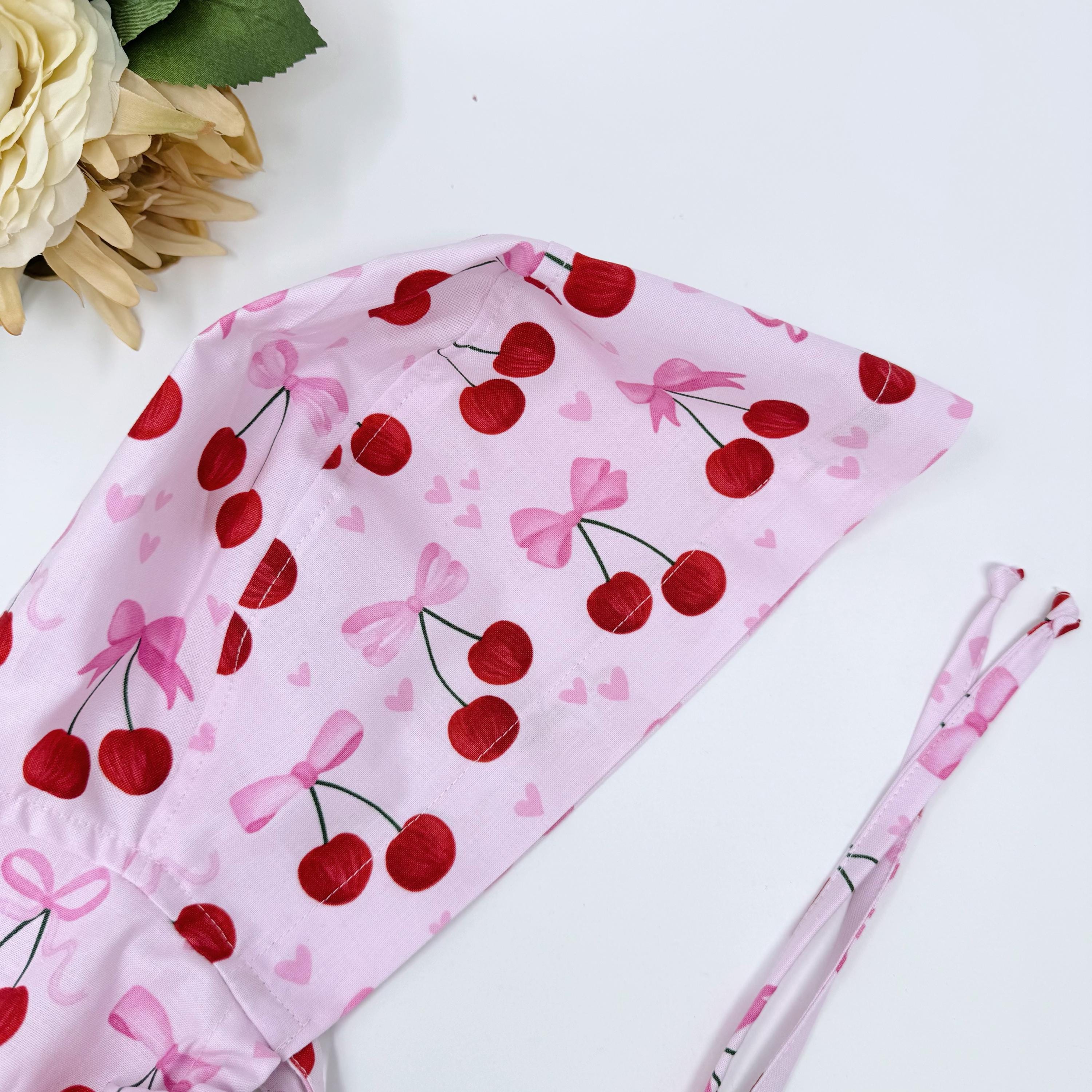 Valentine's day scrub Cap men. Cherries surgical hat. Men's skull tie-back style by Paradise Caps.