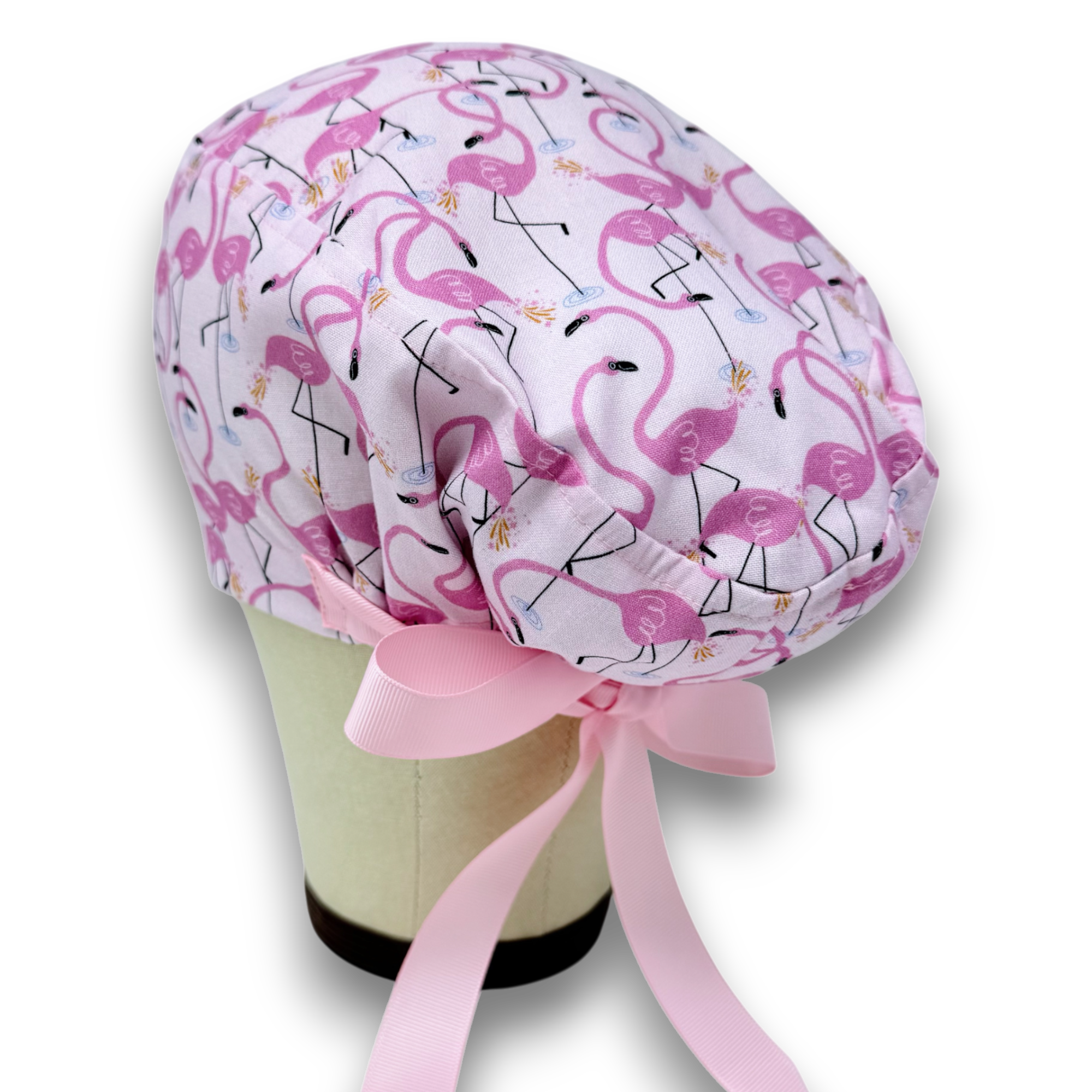 Flamingo Euro scrub cap with ties for Women with Satin Lined by Paradise Caps. Euro PLUS style.