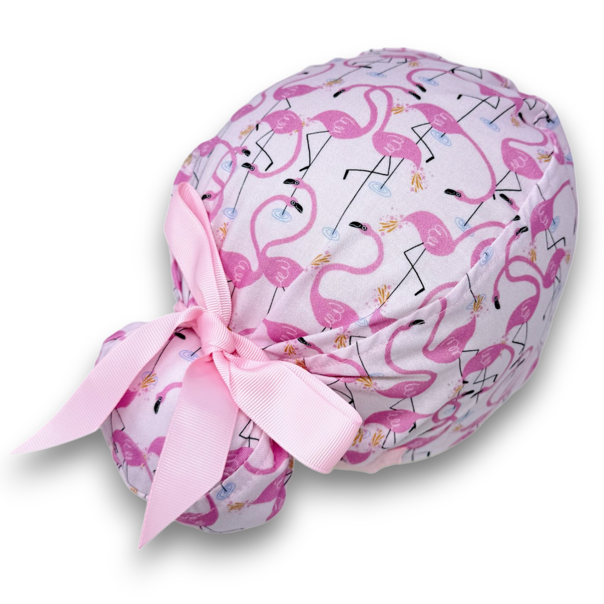 Flamingo Euro scrub cap with ties for Women with Satin Lined by Paradise Caps. Euro PLUS style.