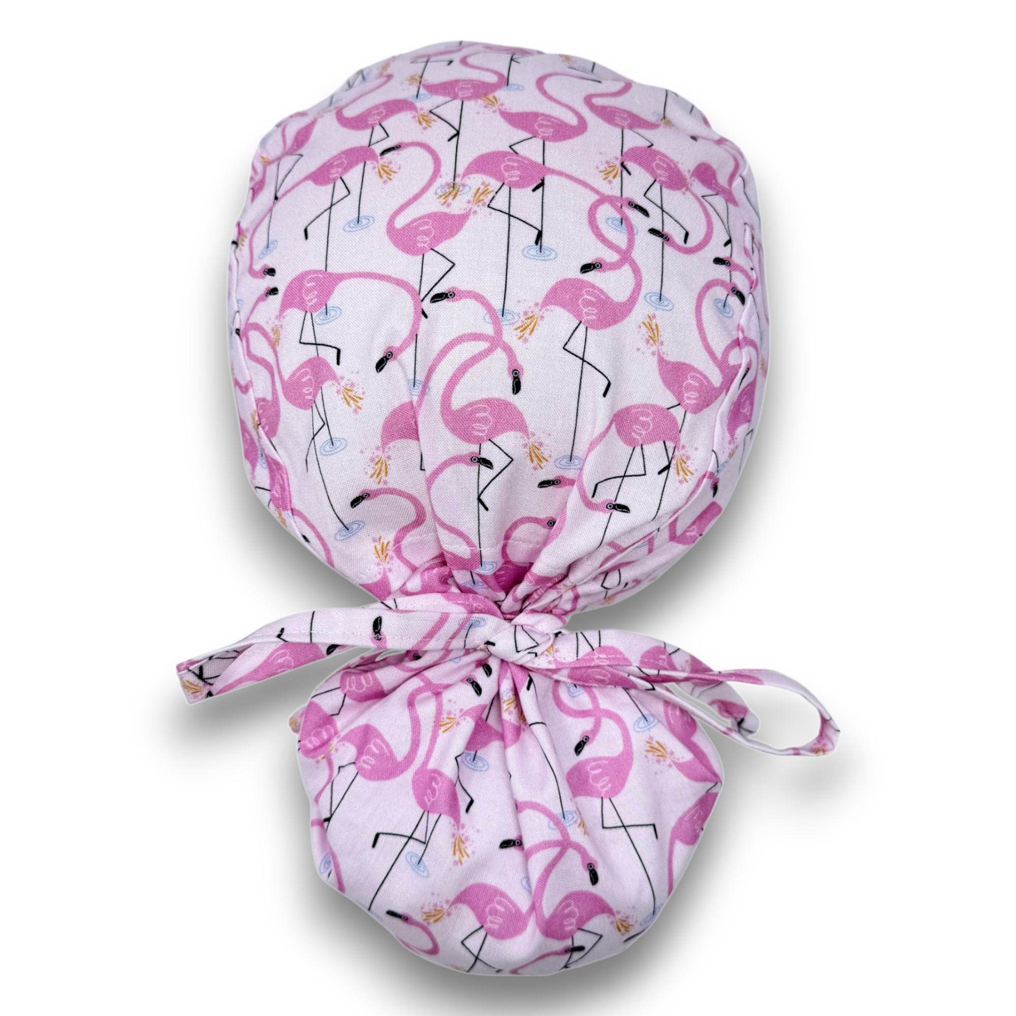 Flamingo Ponytail scrub cap for women with satin lined option by Paradise Caps.