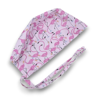 Flamingo Skull tie-back style surgical scrub cap with satin lined option by Paradise Caps.