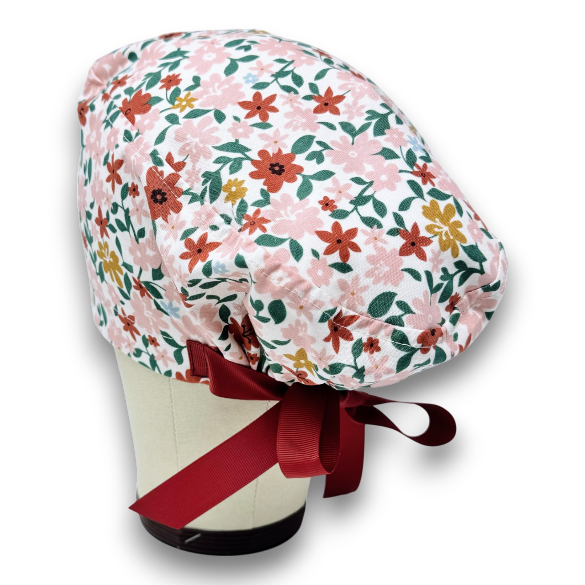 Floral Euro scrub cap with ties for Women by Paradise Caps. Euro PLUS style.