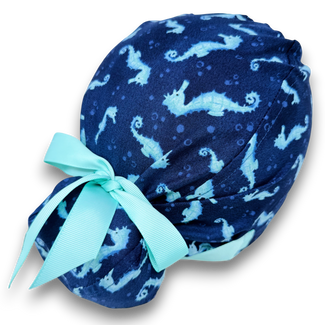 Euro scrub cap with ties for women. Ocean Seahorse Print European satin lined surgical cap by Paradise Caps. Euro PLUS style.